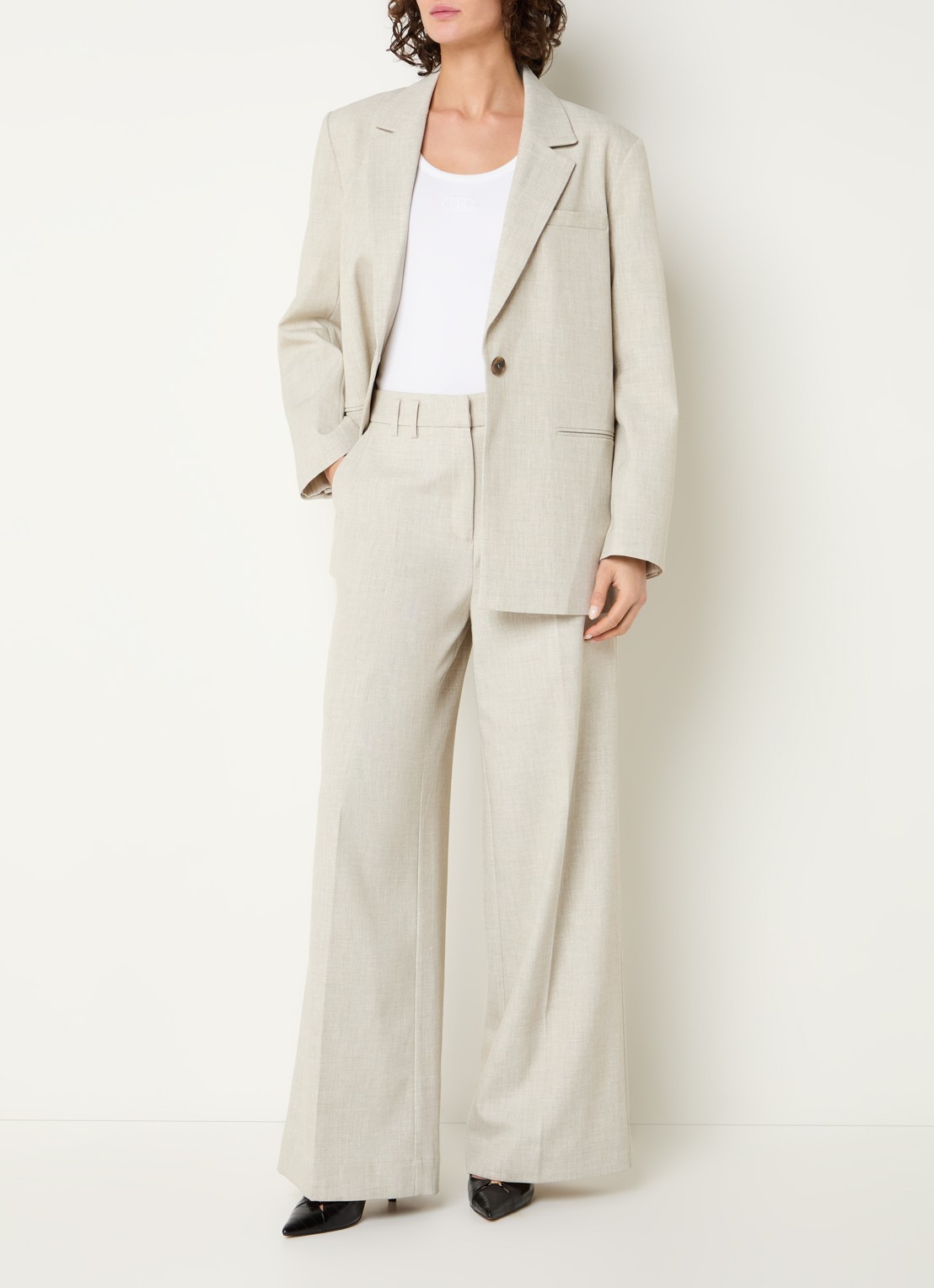 Beaumont Doug high waist wide fit pantalon met gemêleerd dessin - voorkant 3 beige