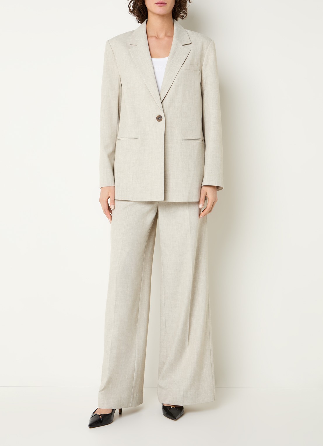 Beaumont Grenoble single-breasted blazer met gemêleerd dessin en strikceintuur - voorkant 3 beige