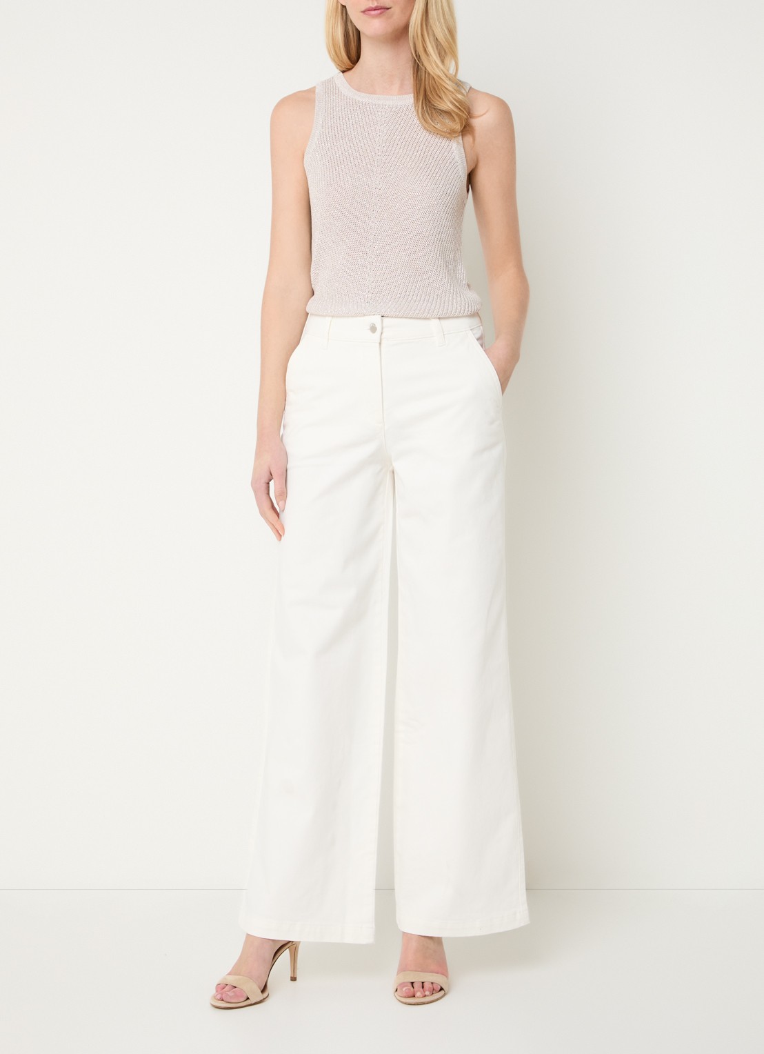 Beaumont Rose high waist wide fit broek van  katoen - voorkant 2 gebroken wit