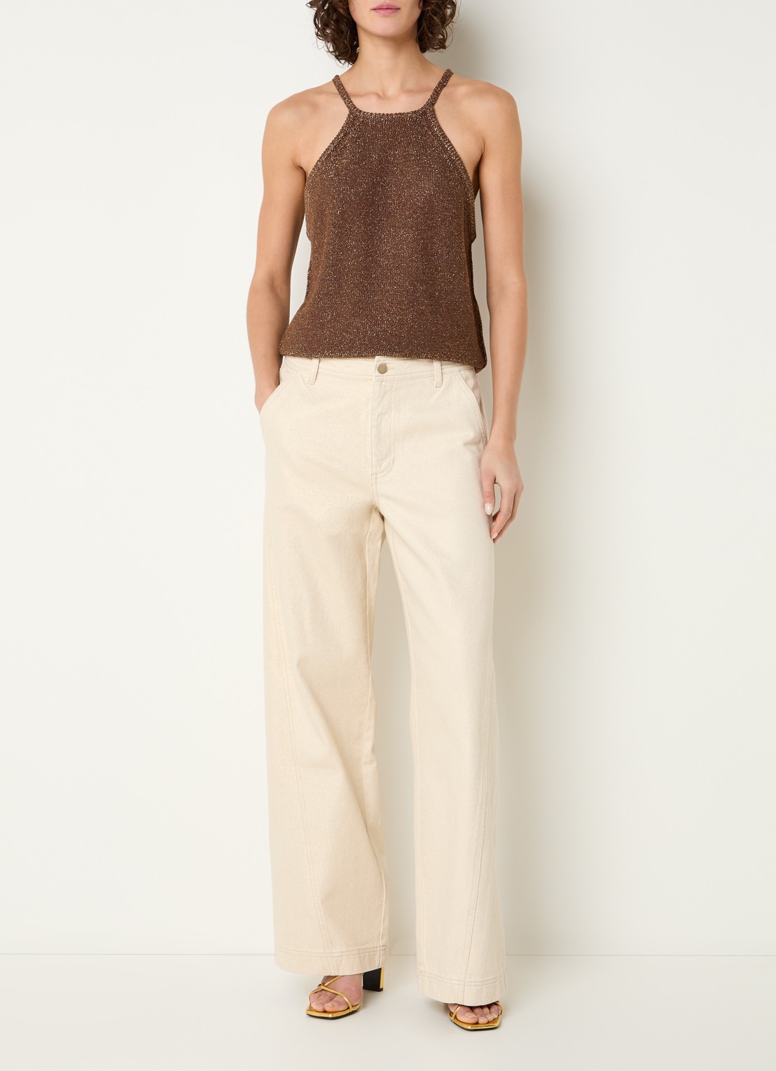 Beaumont Tracy grofgebreide tanktop met lurex - voorkant 3 hazelnootbruin