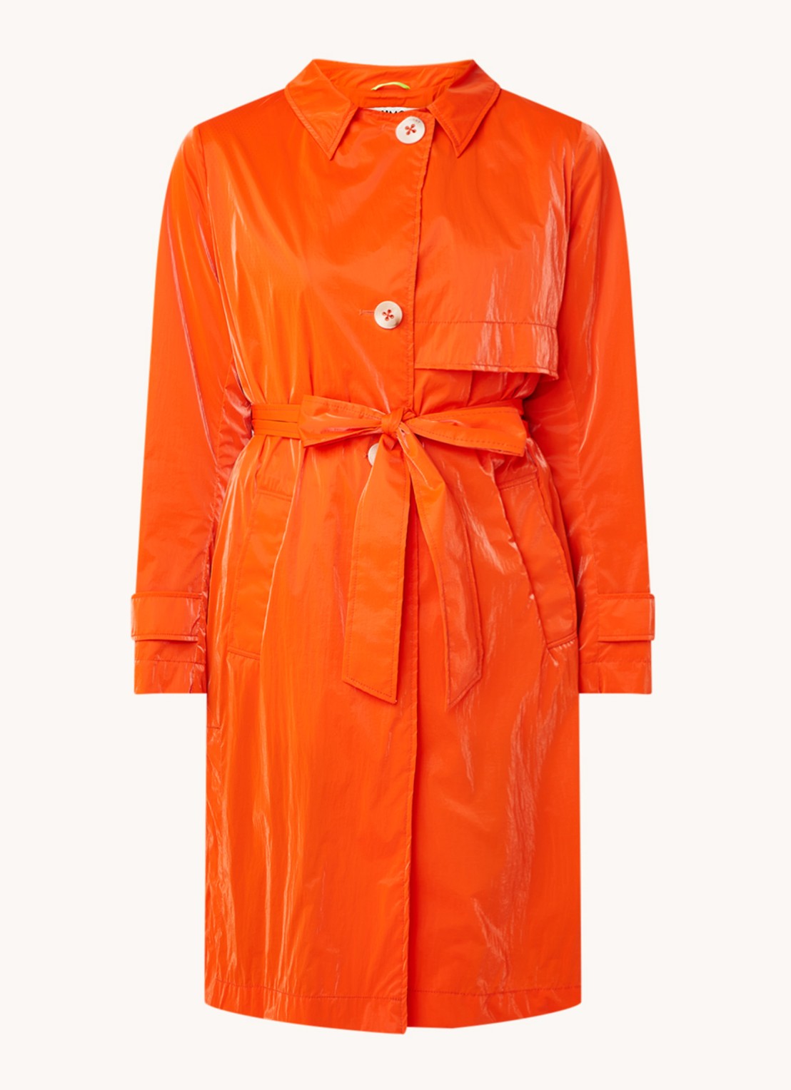 Beaumont Trenchcoat met strikceintuur en steekzakken - voorkant oranje