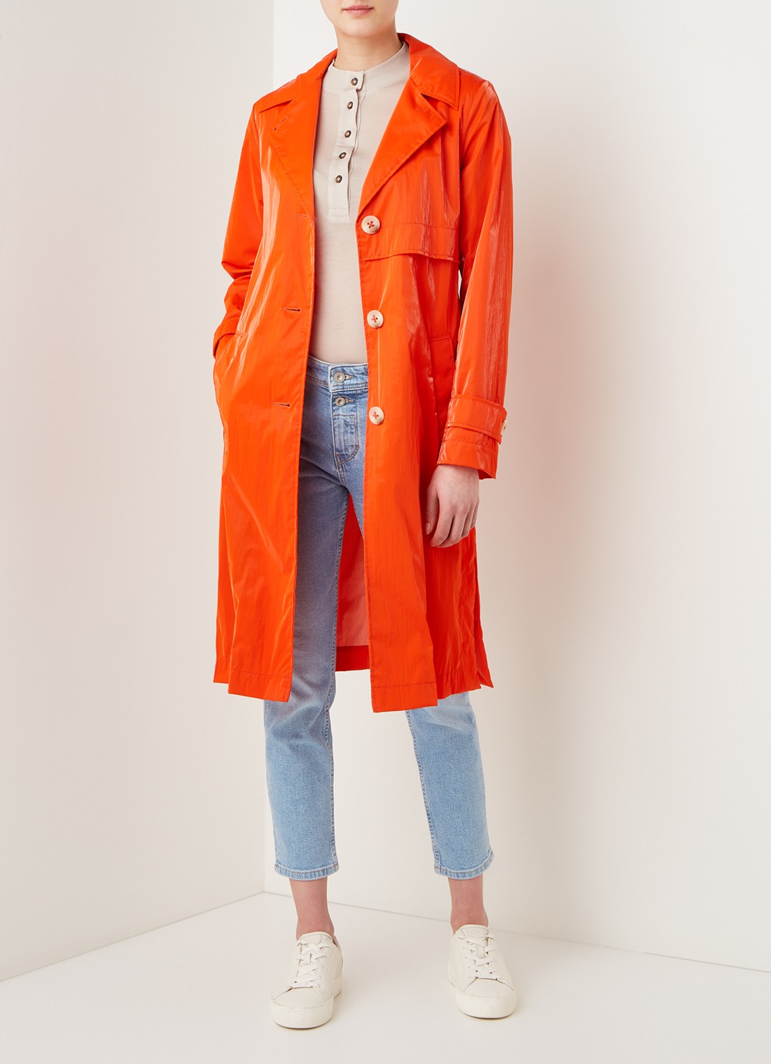 Beaumont Trenchcoat met strikceintuur en steekzakken - voorkant 2 oranje