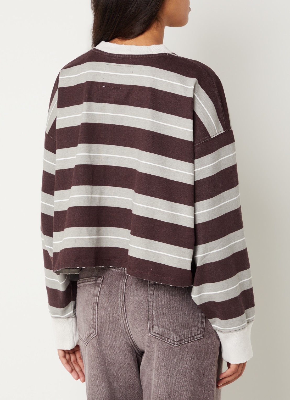 Bellerose Franto62 sweater met streepprint en gerafeld detail - achterkant 2 aubergine