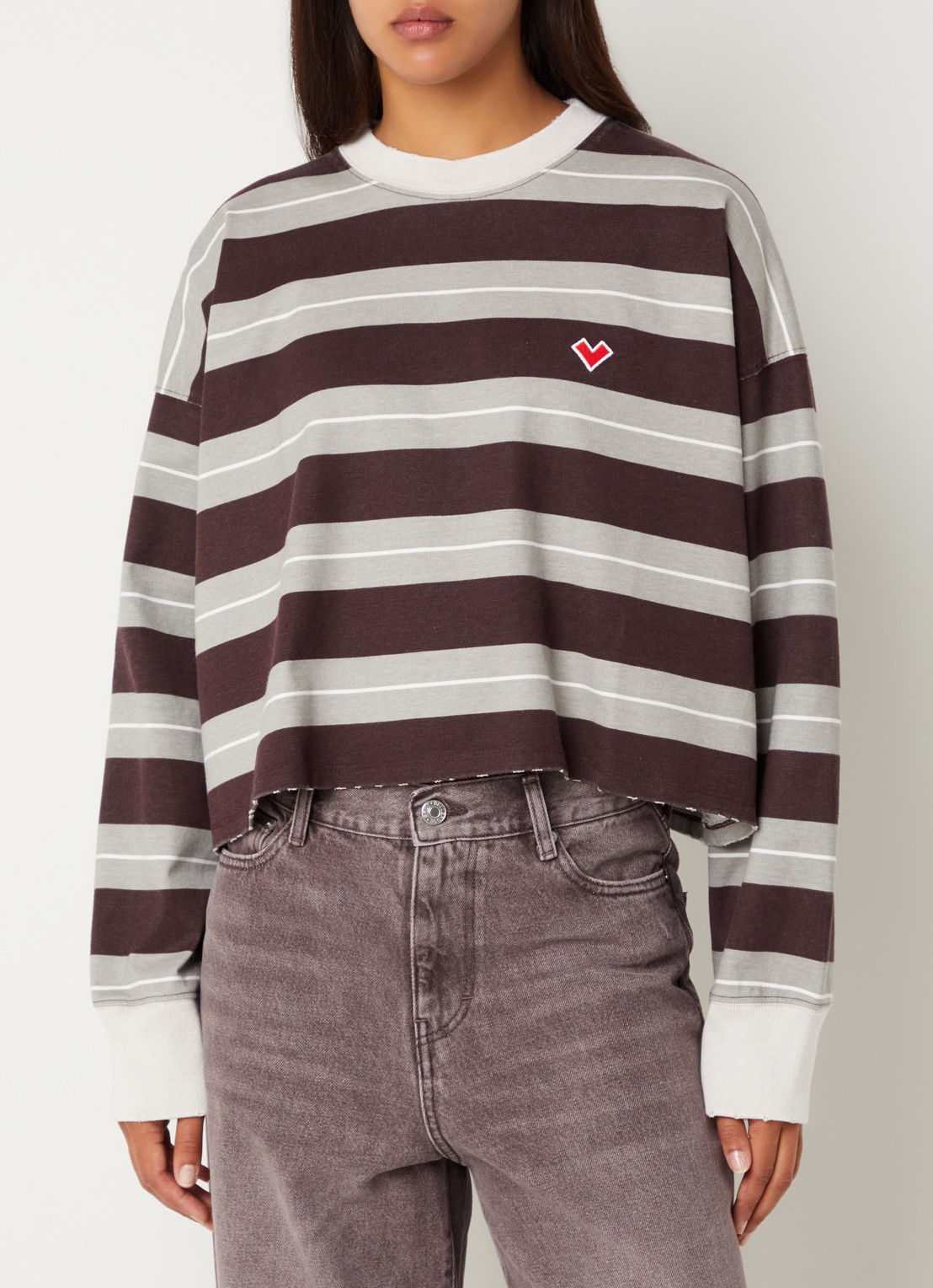 Bellerose Franto62 sweater met streepprint en gerafeld detail - detail aubergine