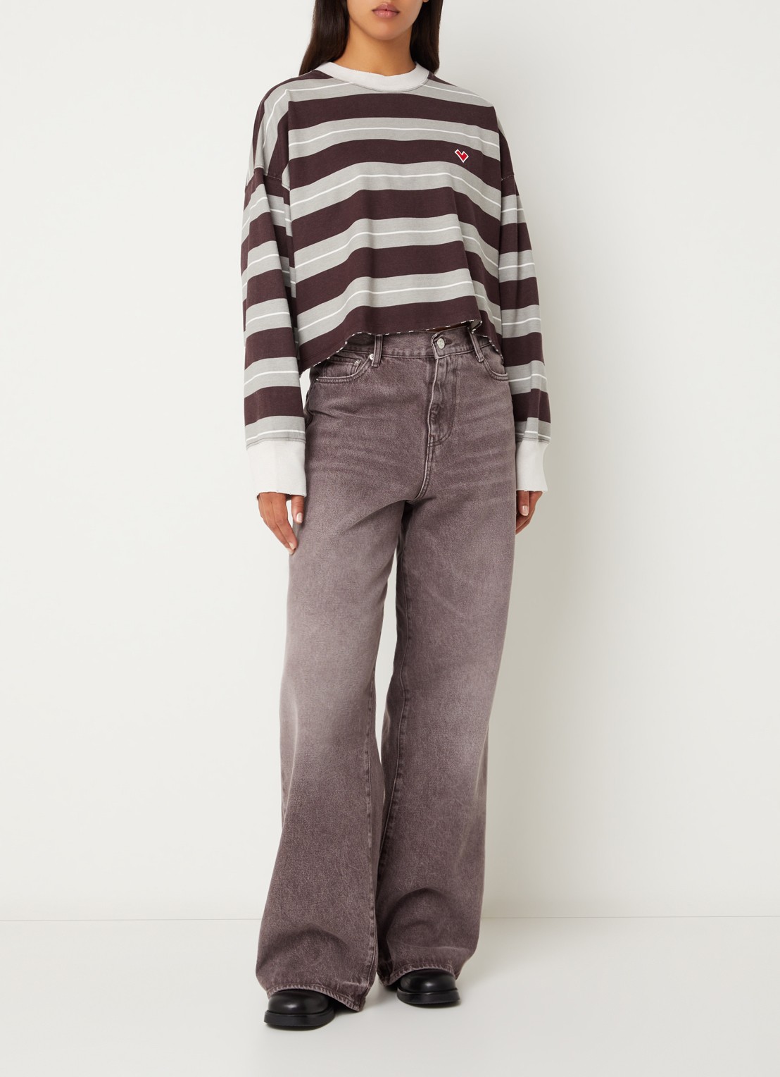 Bellerose Franto62 sweater met streepprint en gerafeld detail - voorkant 4 aubergine