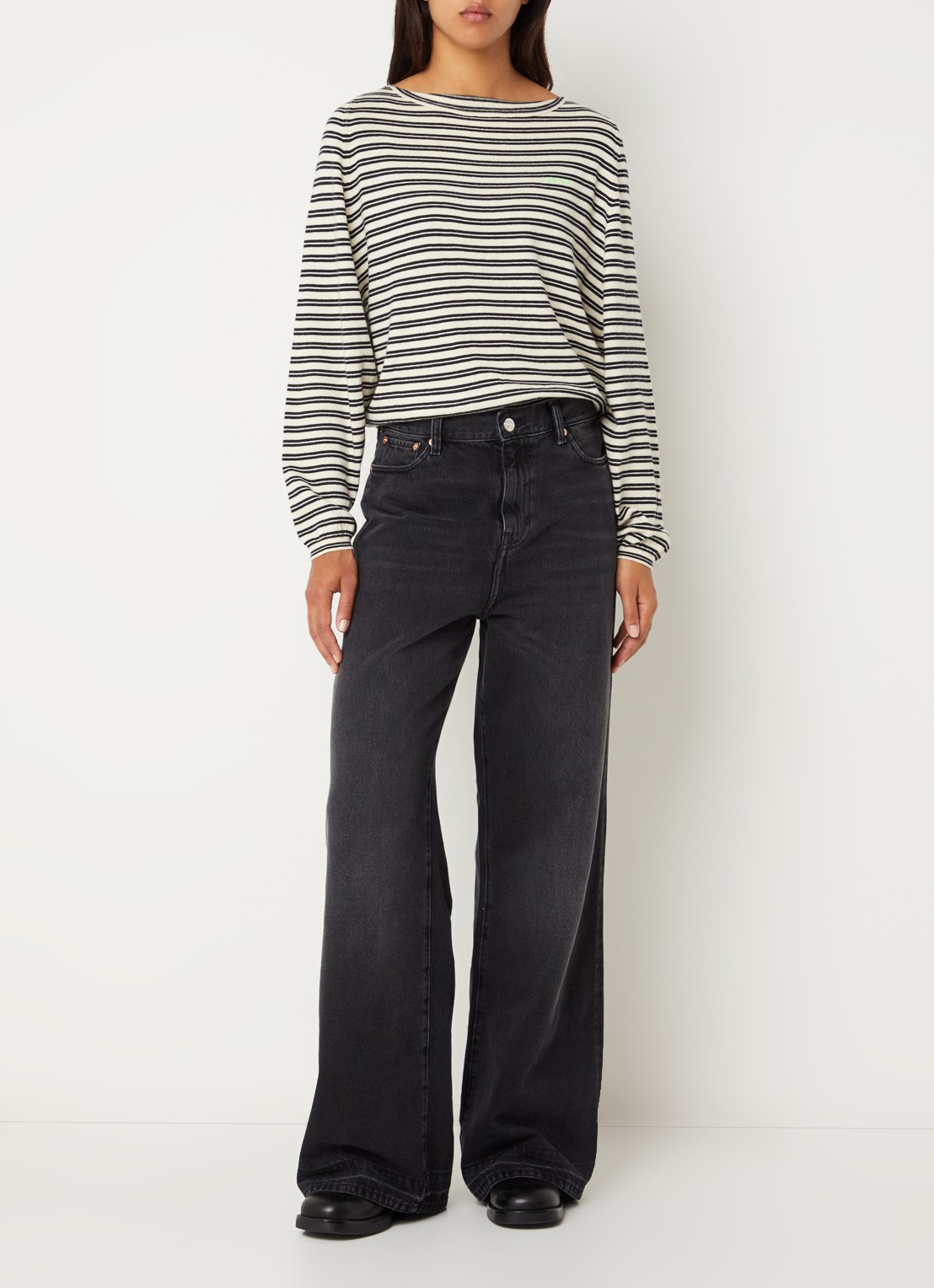 Bellerose Gerhi fijngebreide sweater in wolblend met streepprint - voorkant 3 gebroken wit