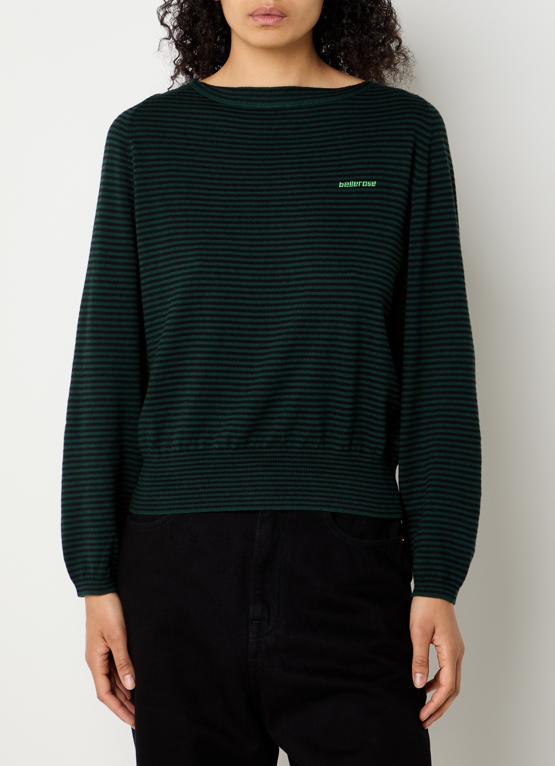 Bellerose Gerhi fijngebreide sweater in wolblend met streepprint - detail 4 donkergroen