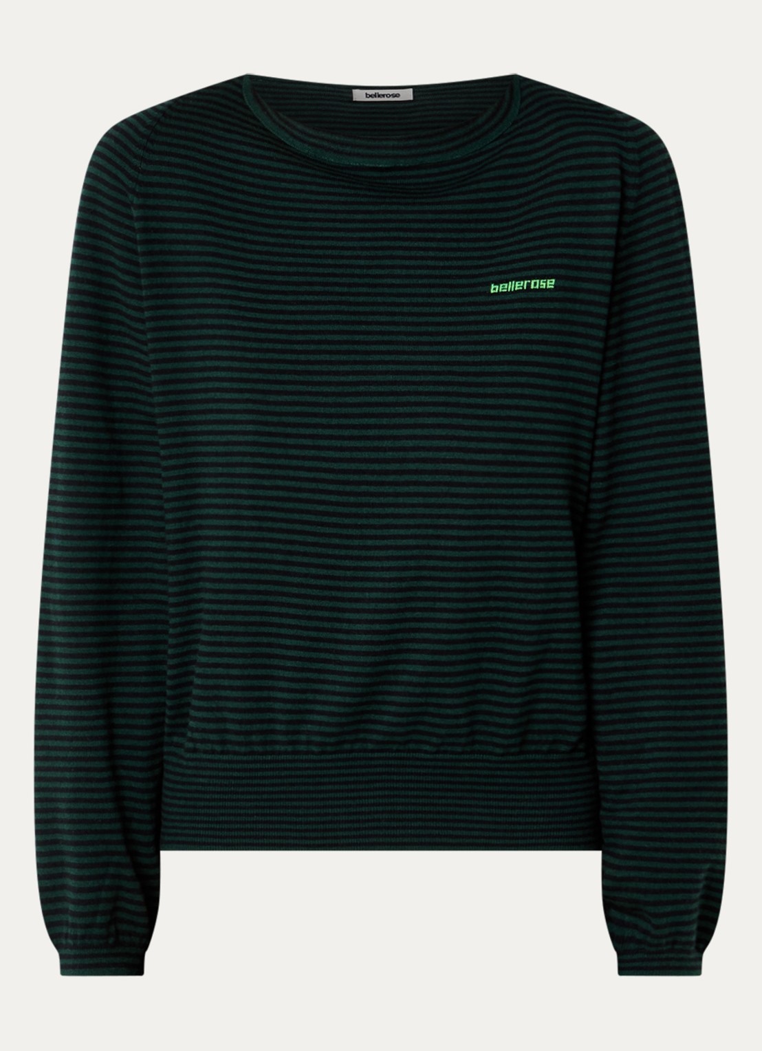 Bellerose Gerhi fijngebreide sweater in wolblend met streepprint - voorkant donkergroen