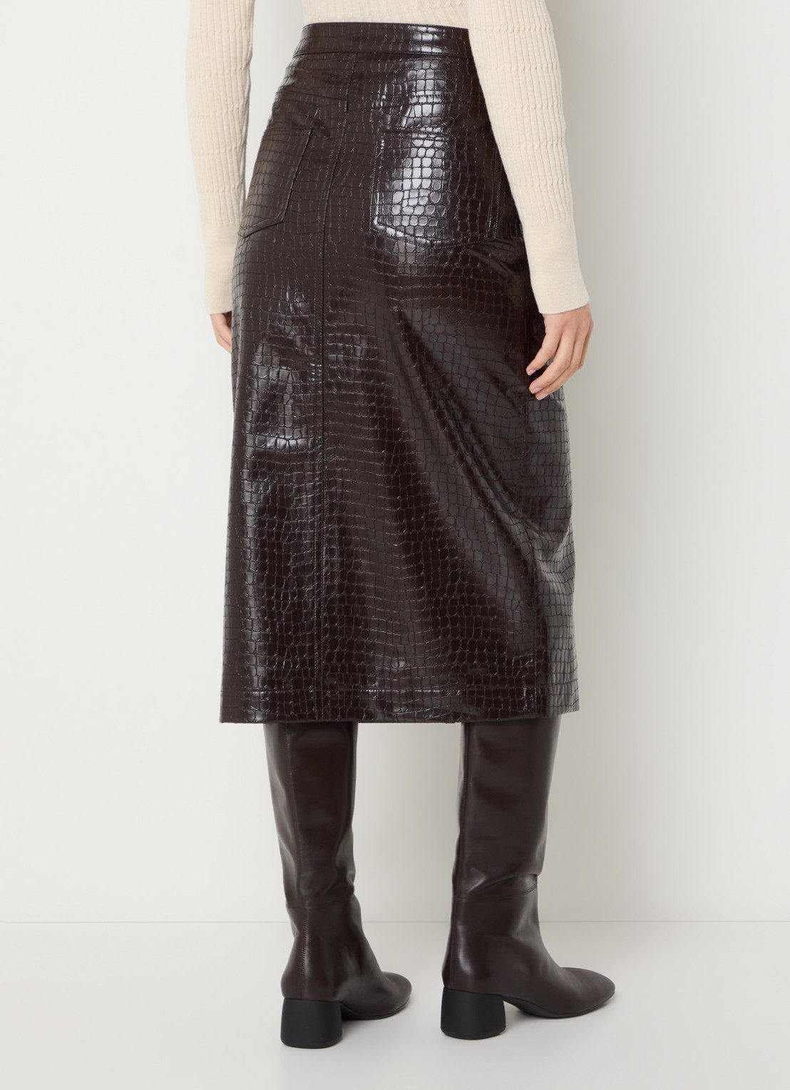 Bellerose Halina midi rok van imitatieleer met split - achterkant 4 donkerbruin