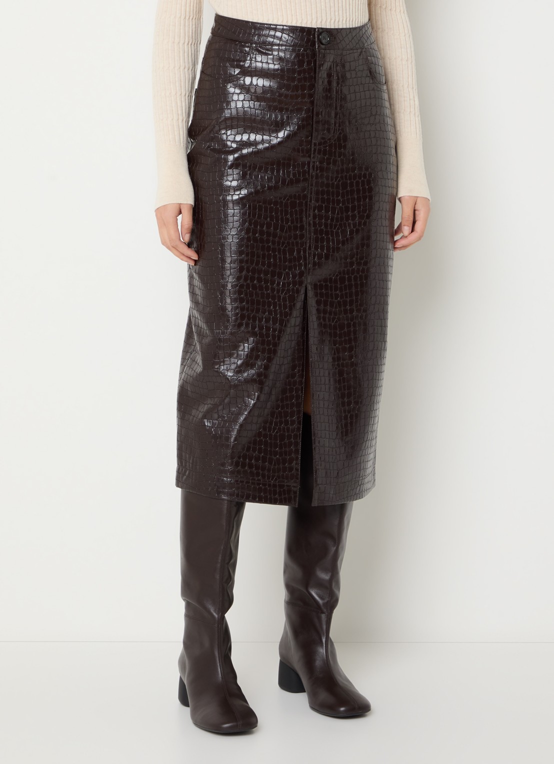 Bellerose Halina midi rok van imitatieleer met split - detail 3 donkerbruin