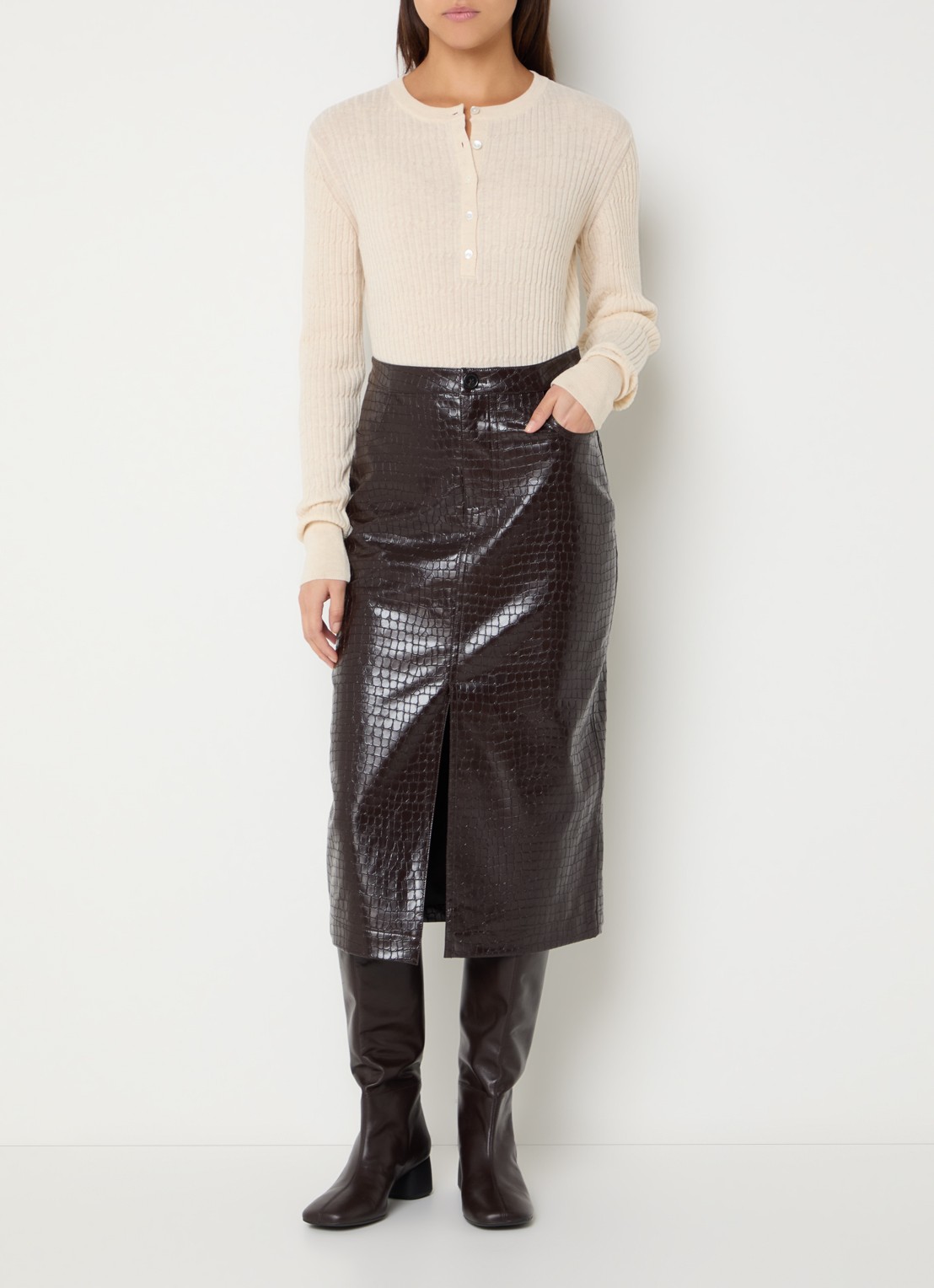 Bellerose Halina midi rok van imitatieleer met split - voorkant 2 donkerbruin