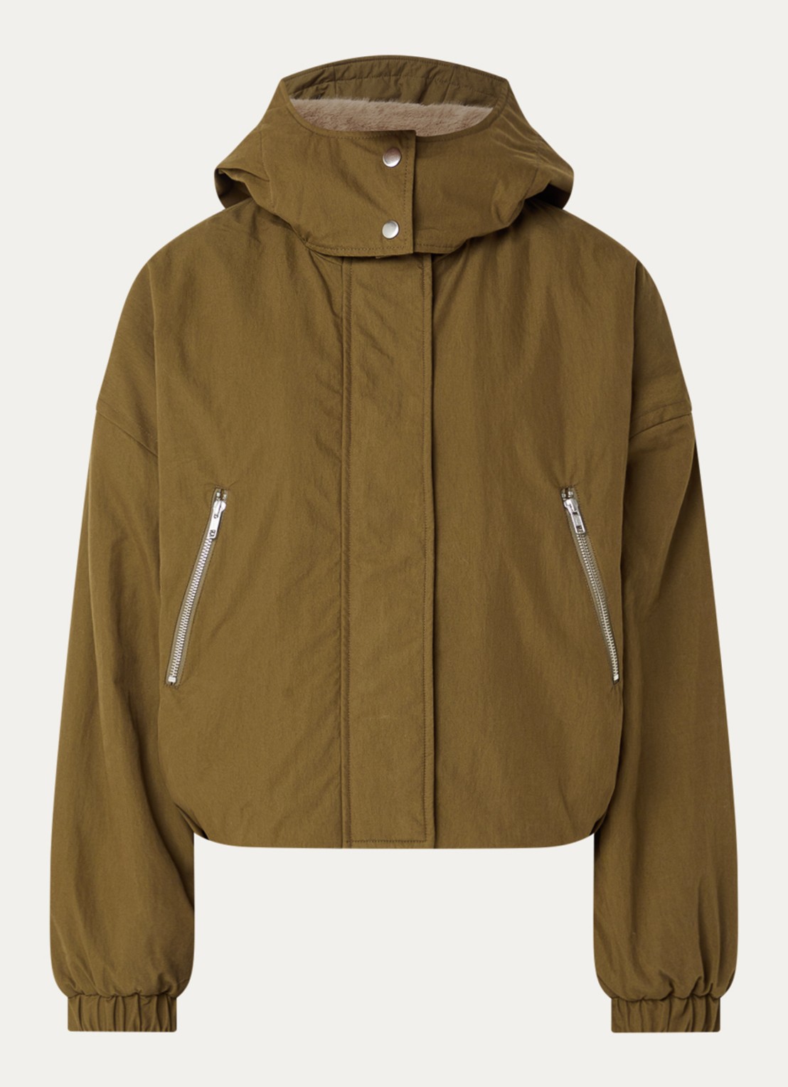 Bellerose Herna cropped jack met capuchon en ritszakken - voorkant legergroen