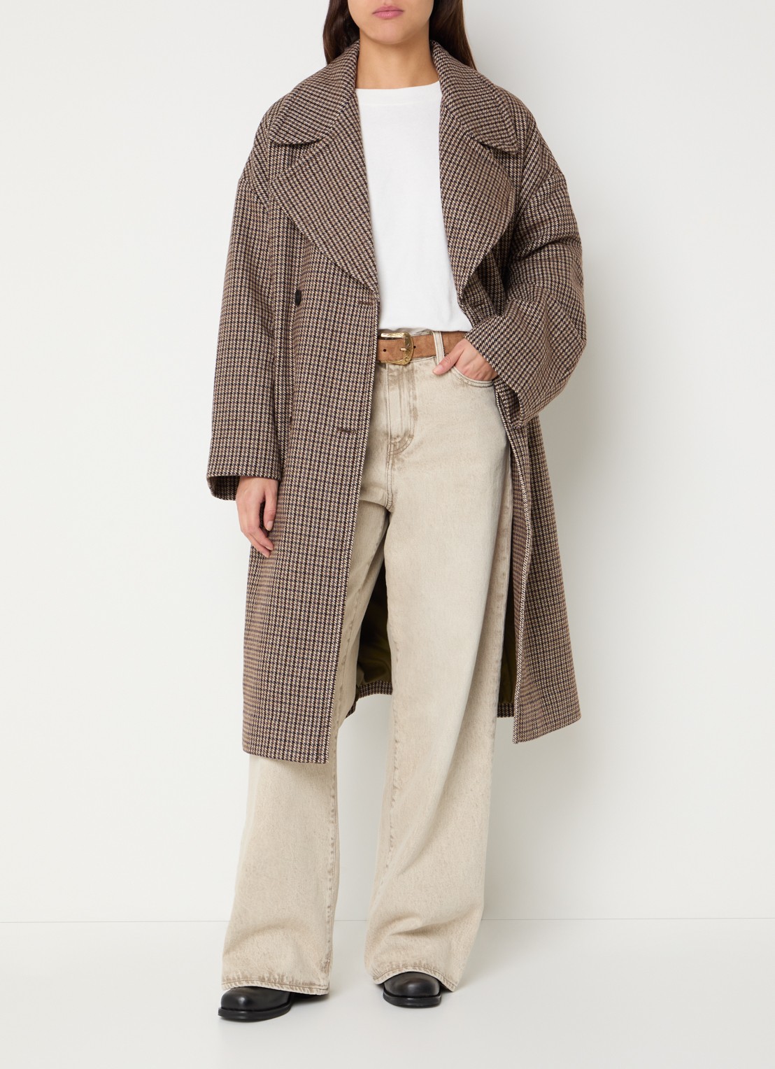 Bellerose Jaguar mantel in wolblend met print - voorkant 2 donkerbruin