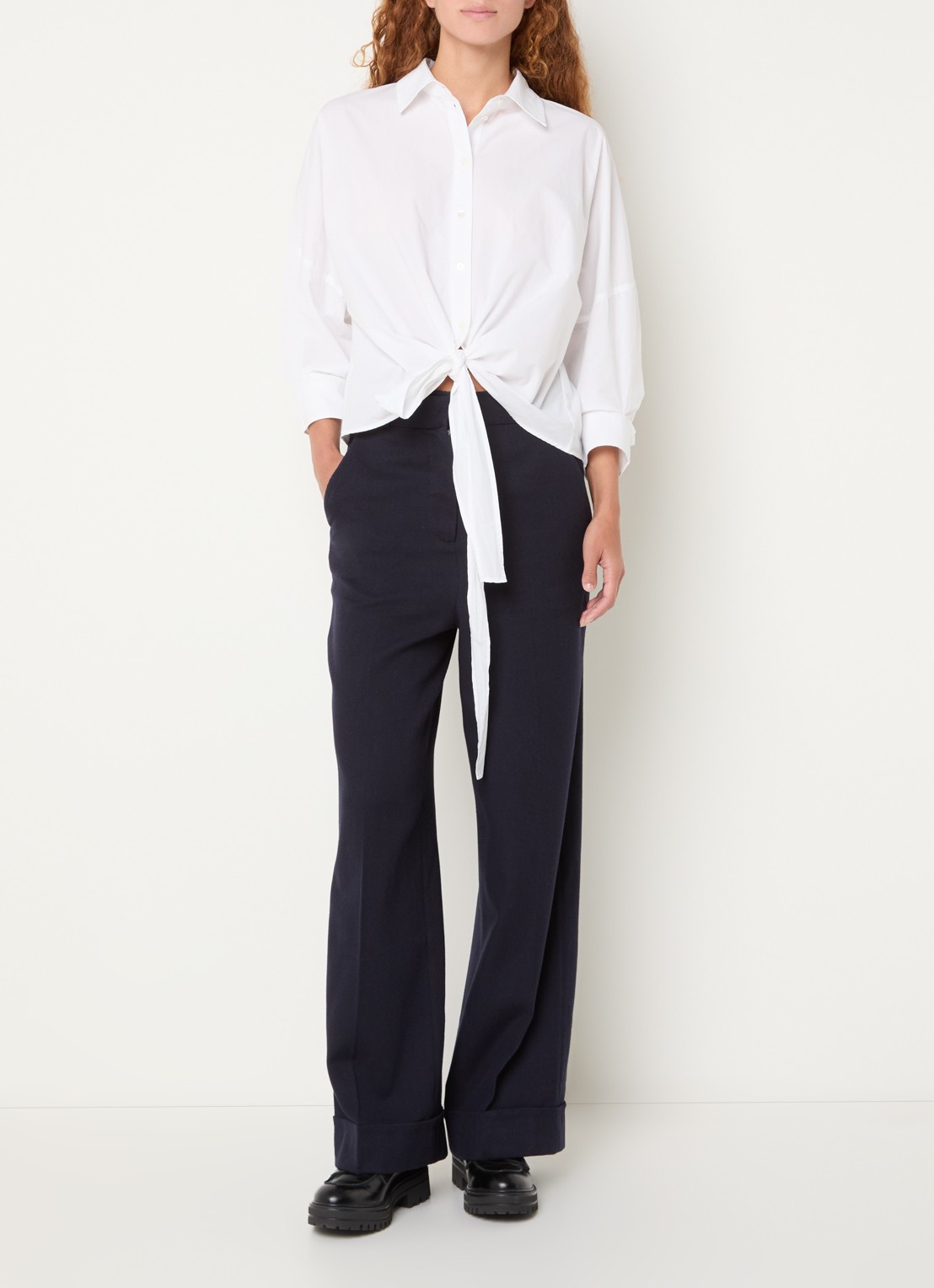 Bellerose Japan high waist wide fit broek in wolblend - voorkant 2 donkerblauw