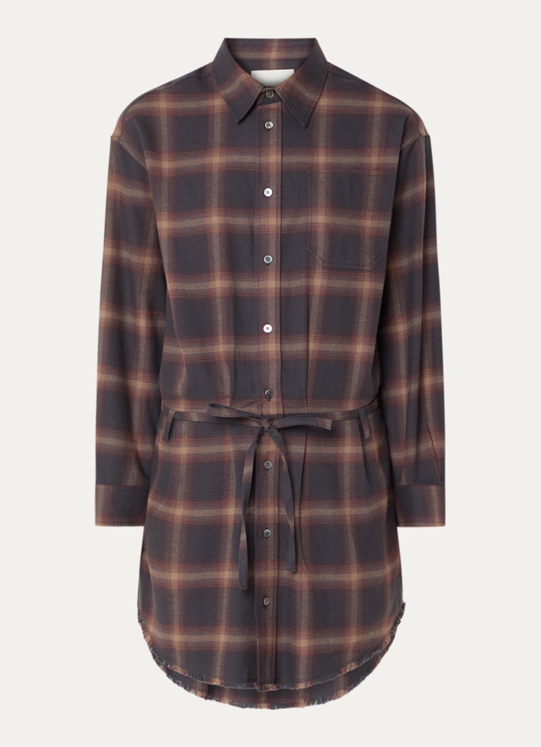 Bellerose Jarvis midi blousejurk met ruitdessin en ceintuur - voorkant bruin