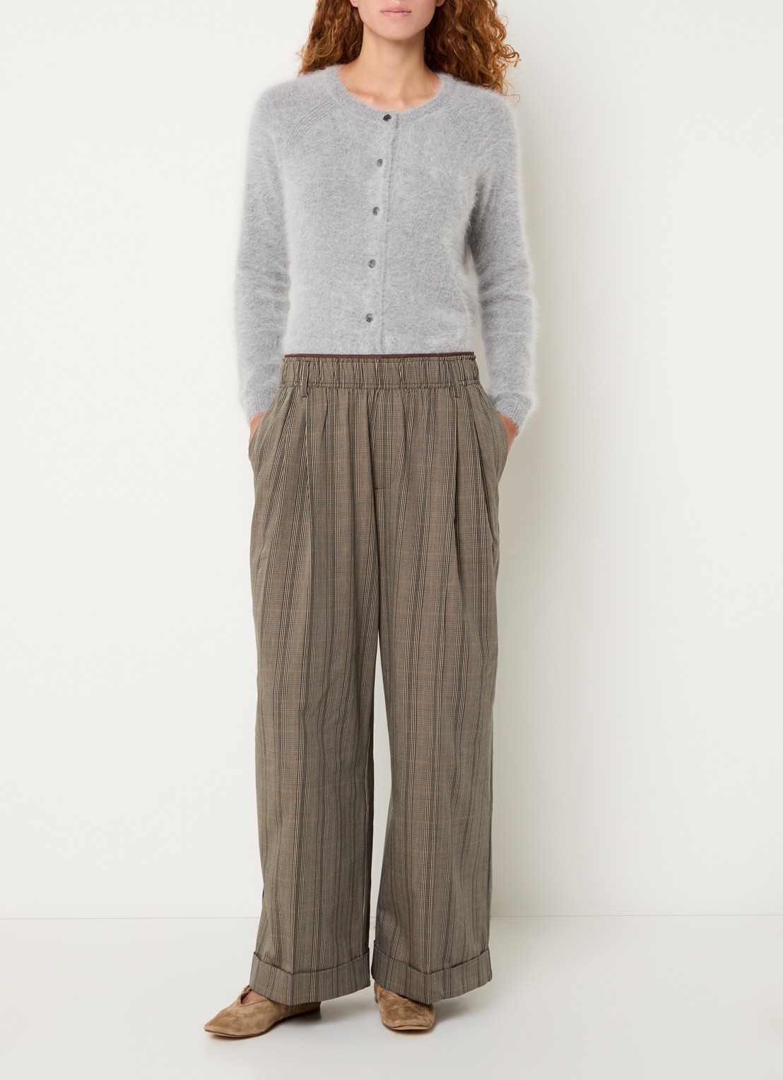 Bellerose Jascha high waist wide fit broek met ruitdessin - voorkant 4 khaki