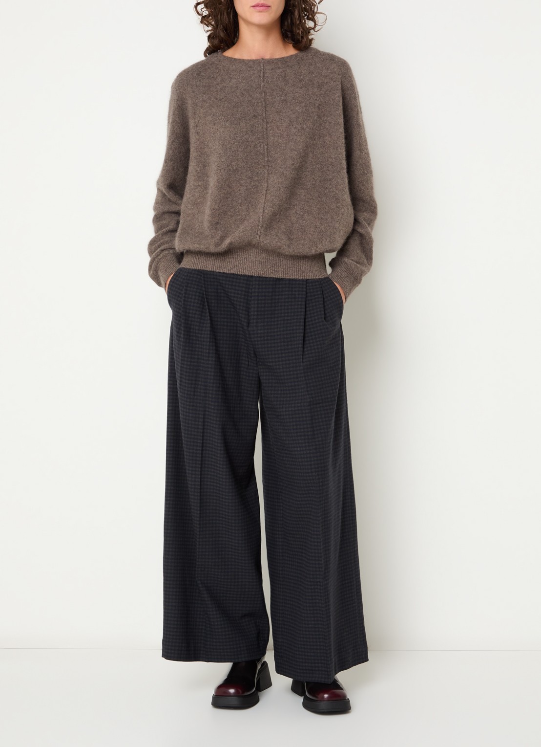 Bellerose Jenoa high waist wide fit pantalon met ruitdessin - voorkant 4 donkerblauw