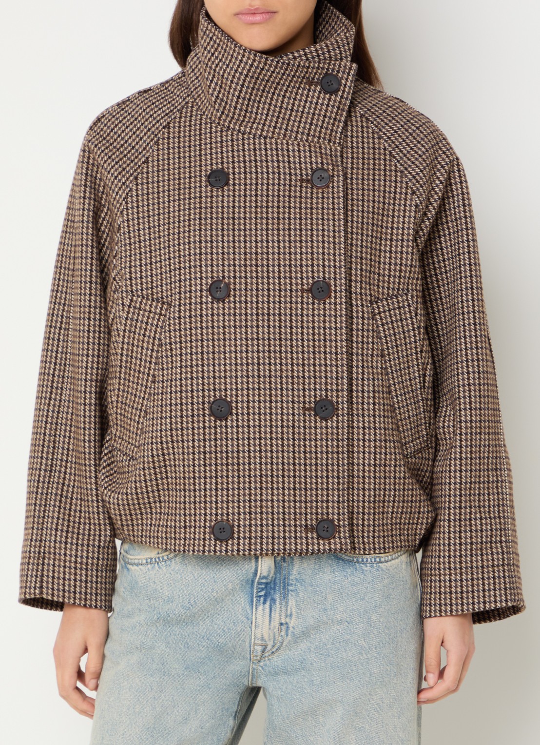Bellerose Mantel in wolblend met pied-de-poule dessin - detail bruin
