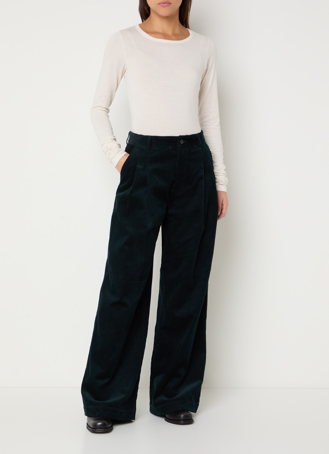 Bellerose Sixtine high waist wide fit broek met structuur - voorkant 2 donkergroen