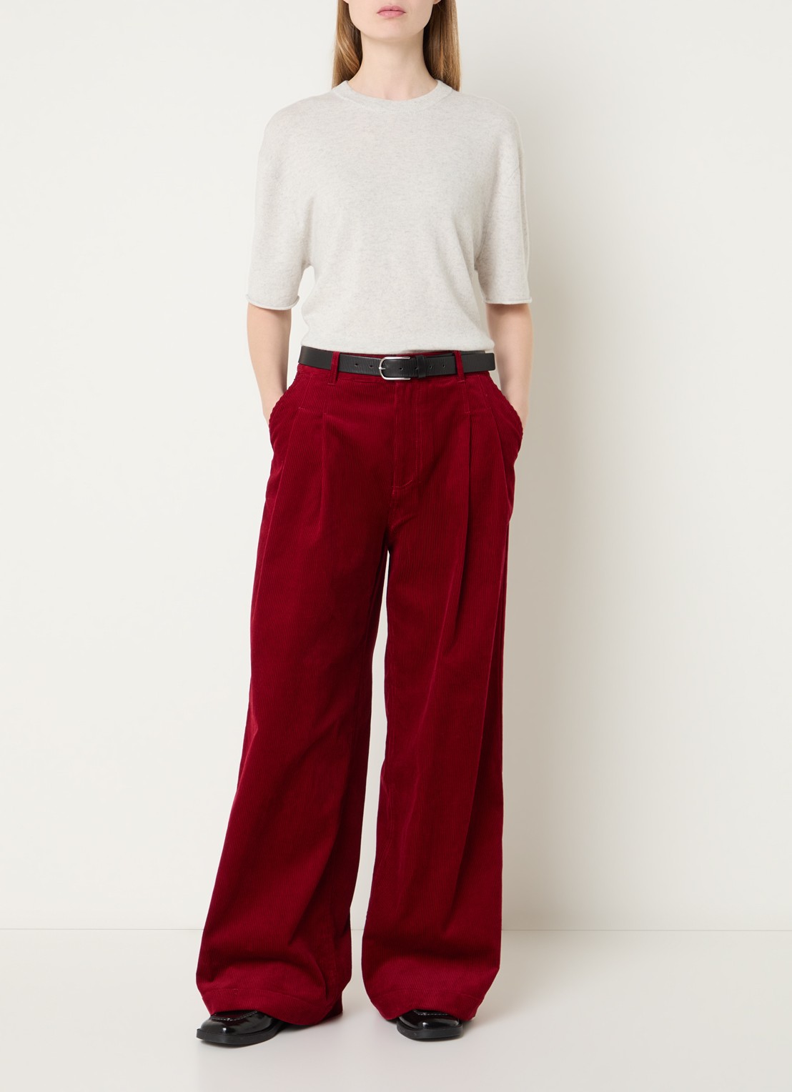 Bellerose Sixtine high waist wide fit broek met structuur - voorkant 2 donkerbeige