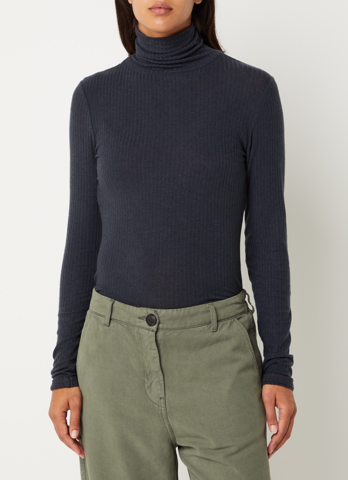 Bellerose Vinay ribgebreide trui in wolblend met col - detail donkerblauw