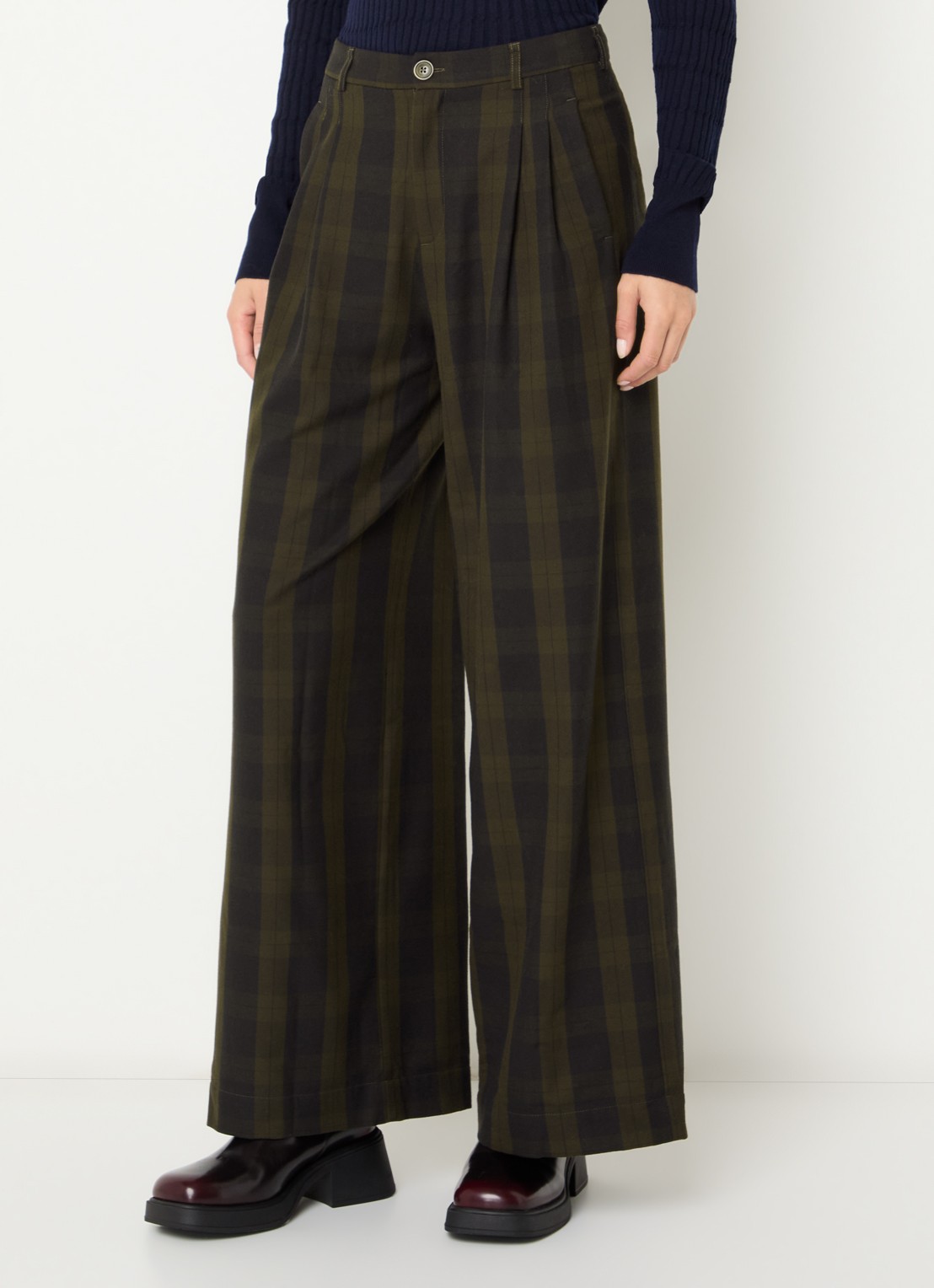 Bellerose Volkert high waist wide fit broek met ruitdessin - detail 4 donkergroen