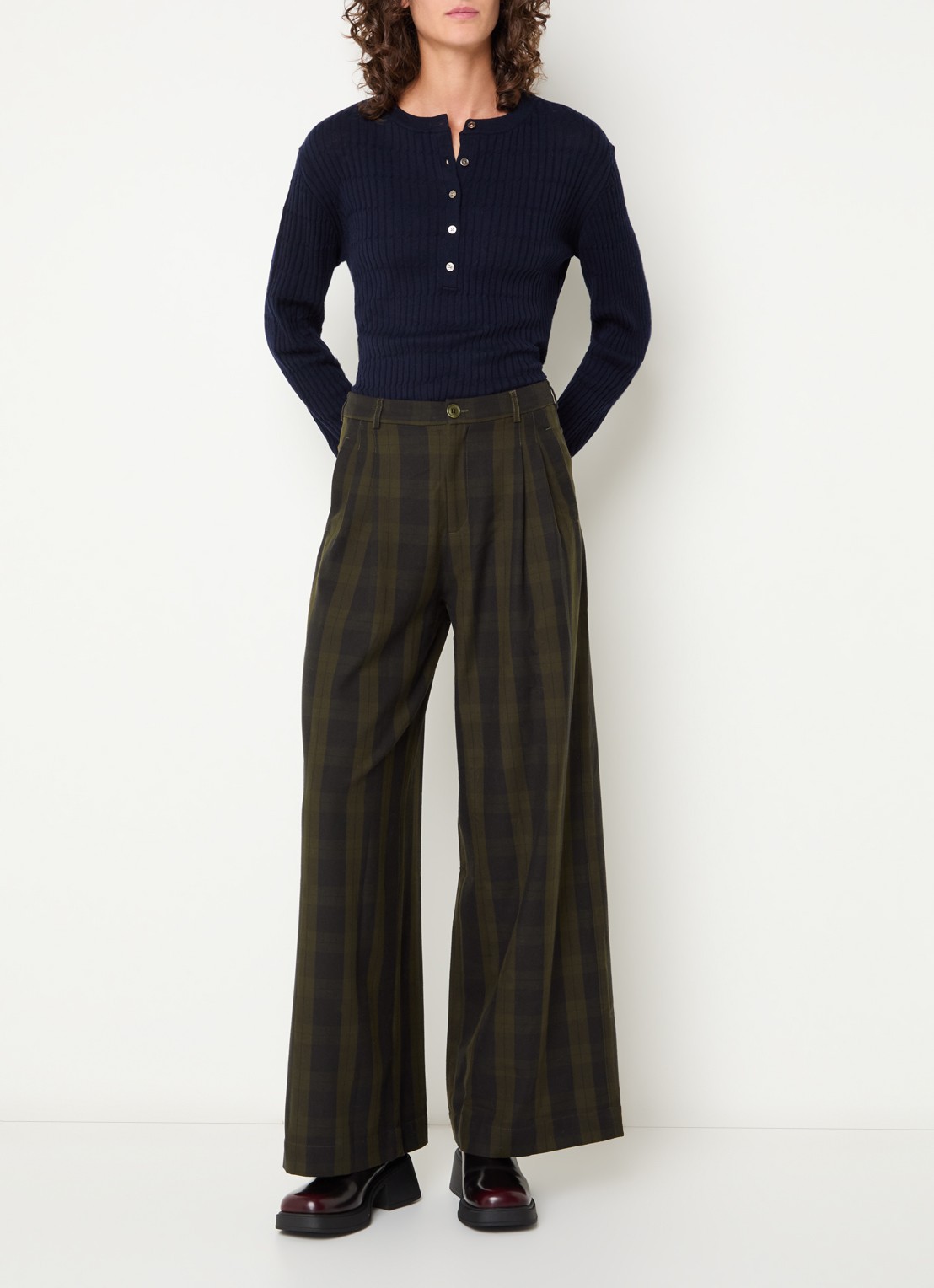 Bellerose Volkert high waist wide fit broek met ruitdessin - voorkant 3 donkergroen