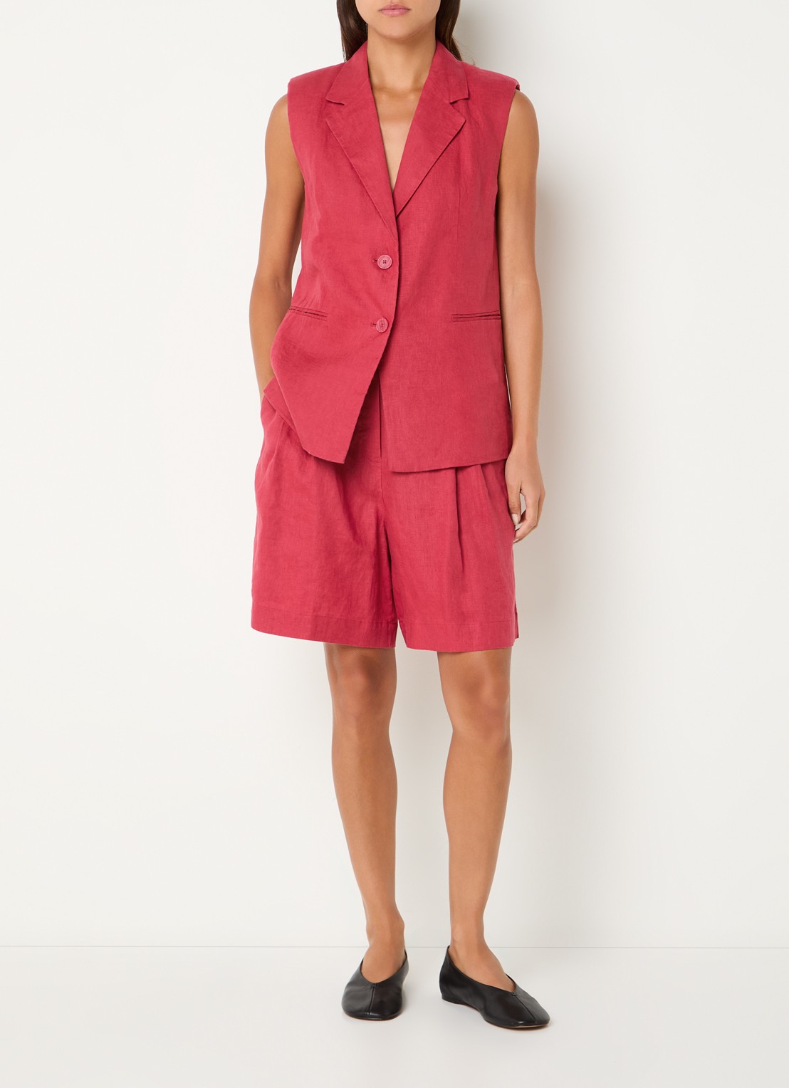 Benetton Bermuda high waist loose fit korte broek van linnen - voorkant 4 rood-0e2