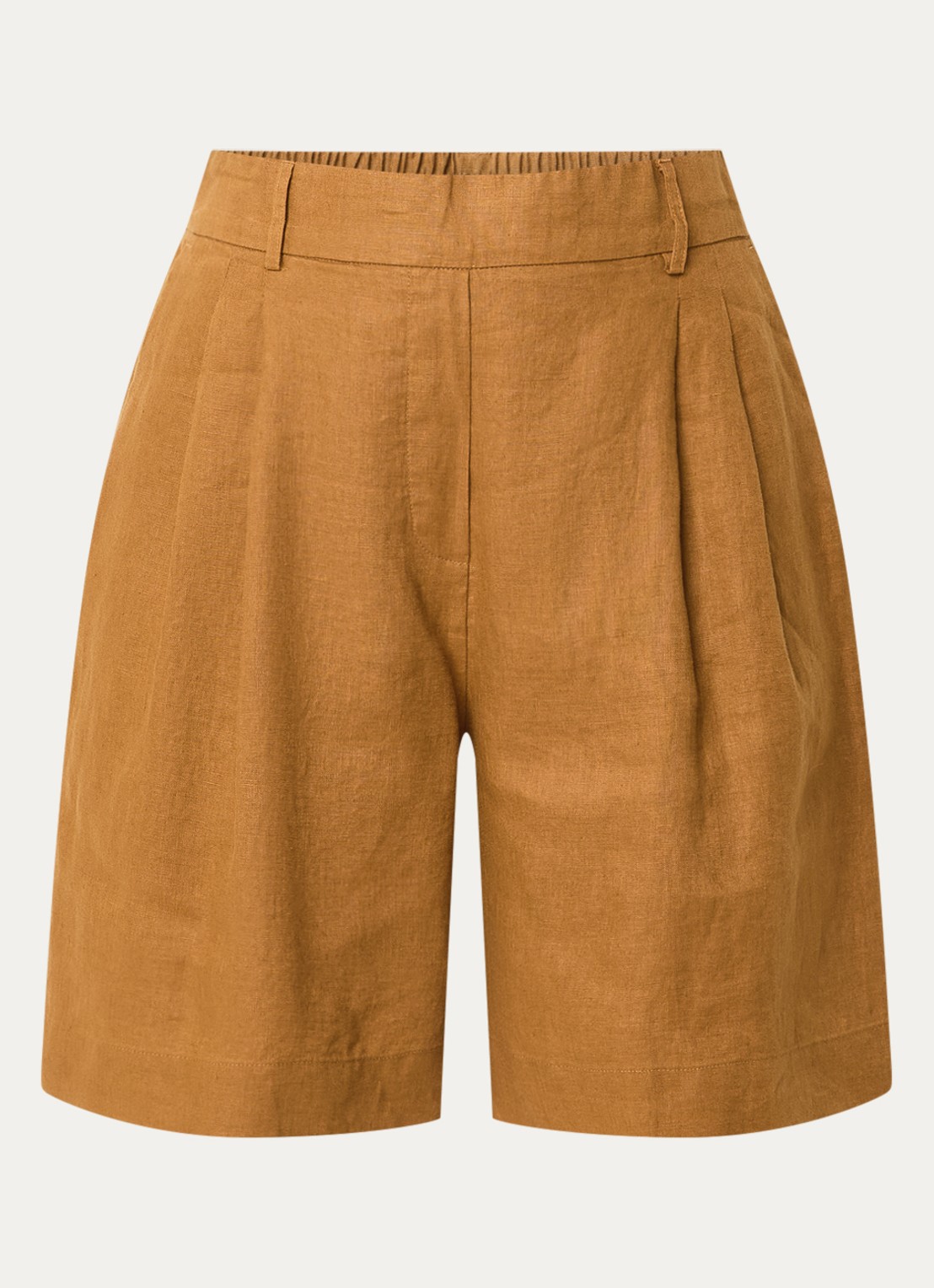 Benetton Bermuda high waist loose fit korte broek van linnen - voorkant 2 camel