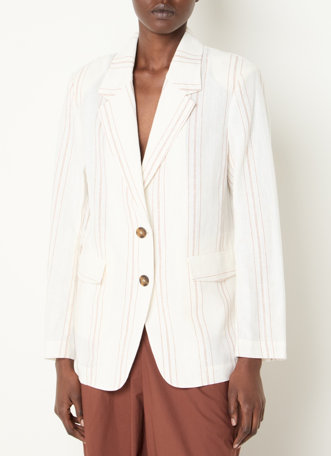 Benetton Blazer in linnenblend met streepprint en klepzakken - detail 3 creme