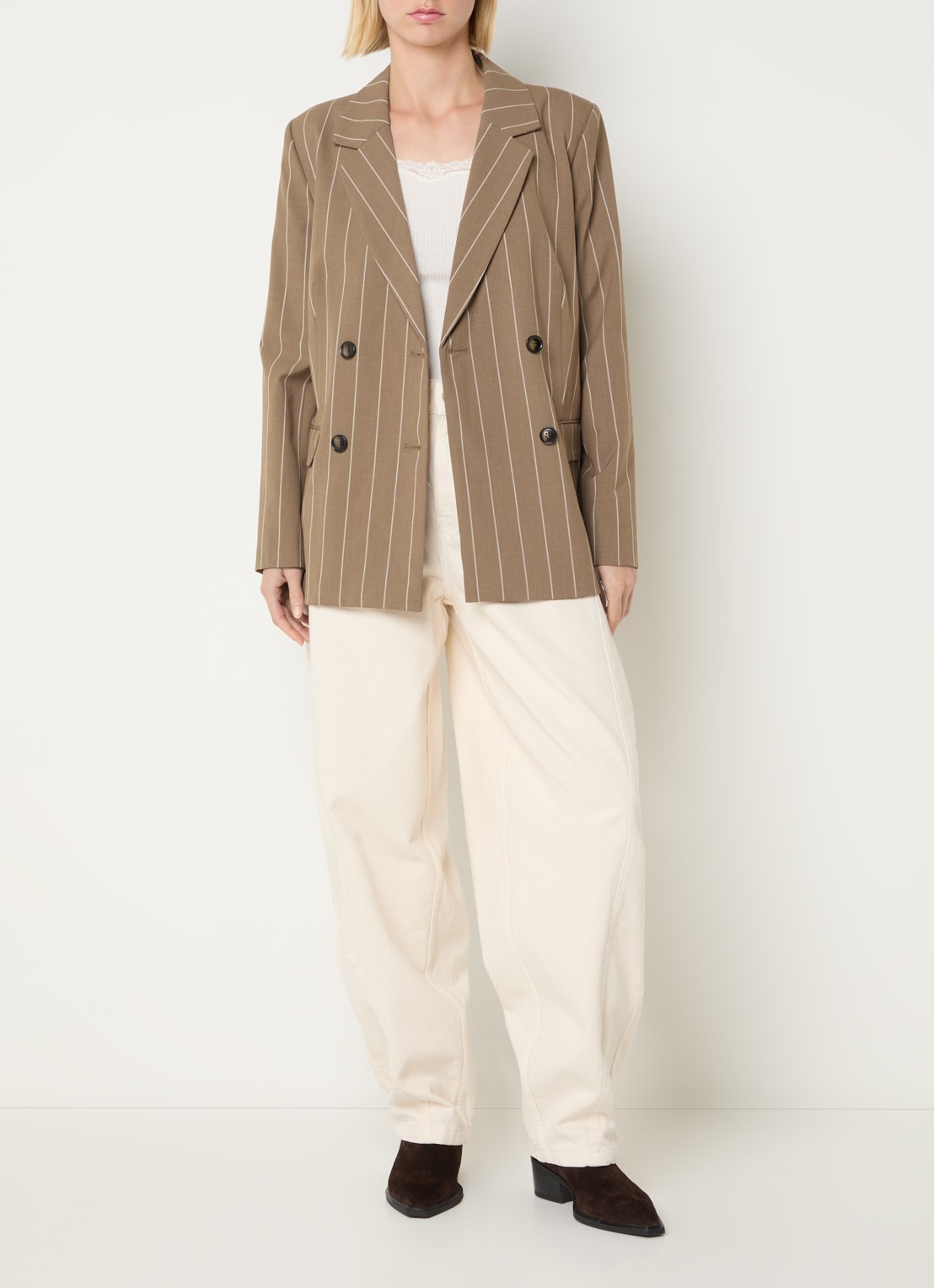 Benetton Blazer met streepprint en klepzakken - voorkant 4 camel