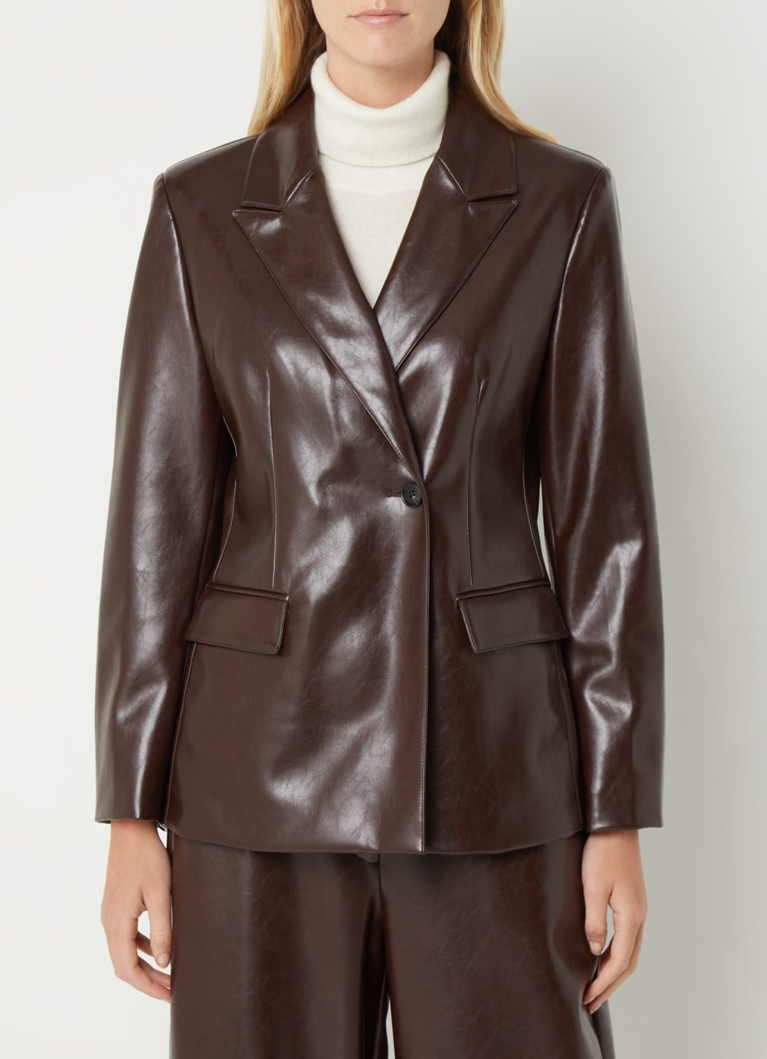 Benetton Blazer van imitatieleer met opgestikte zakken - detail donkerbruin