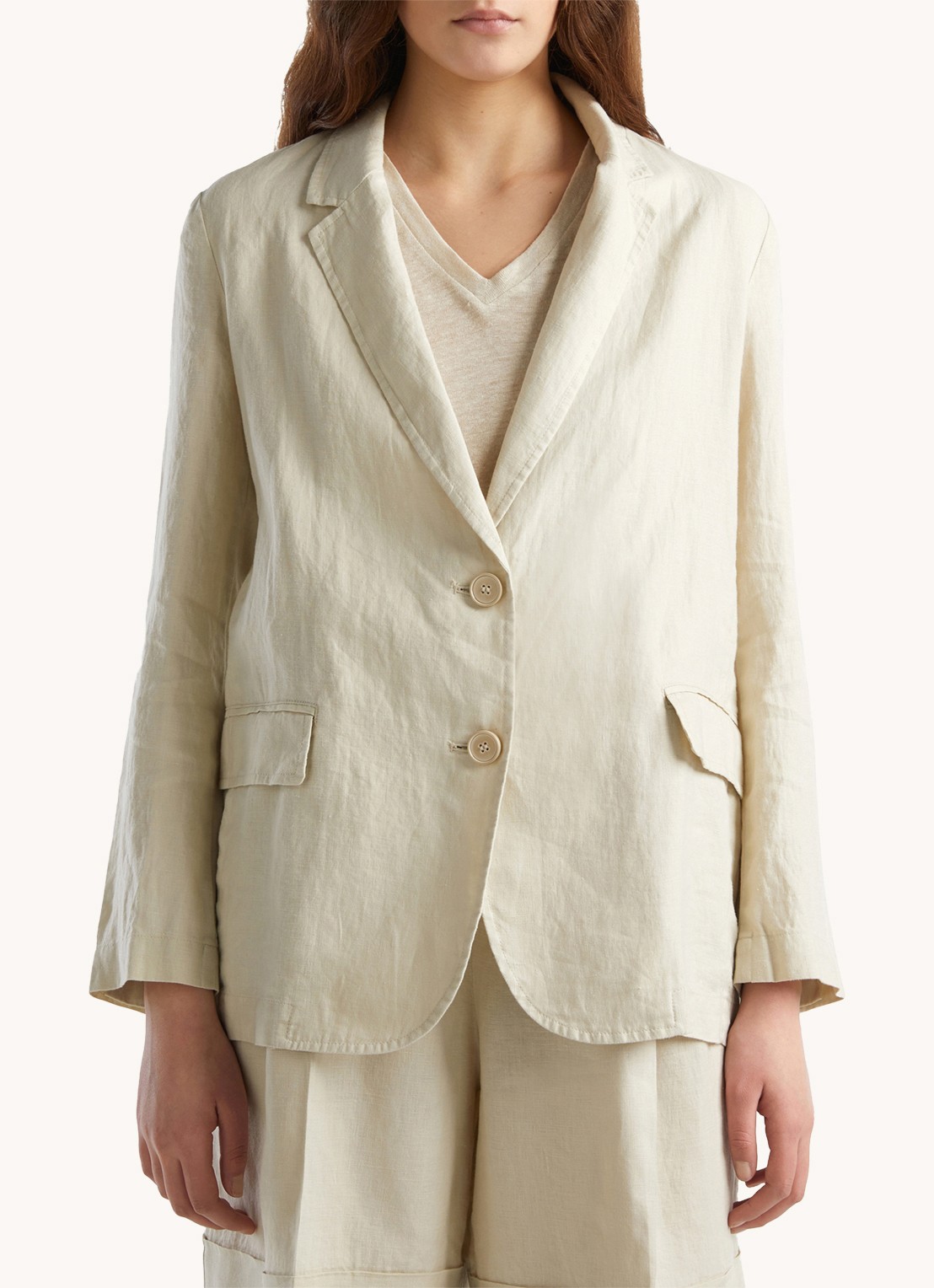 Benetton Blazer van linnen met klepzakken - detail zand