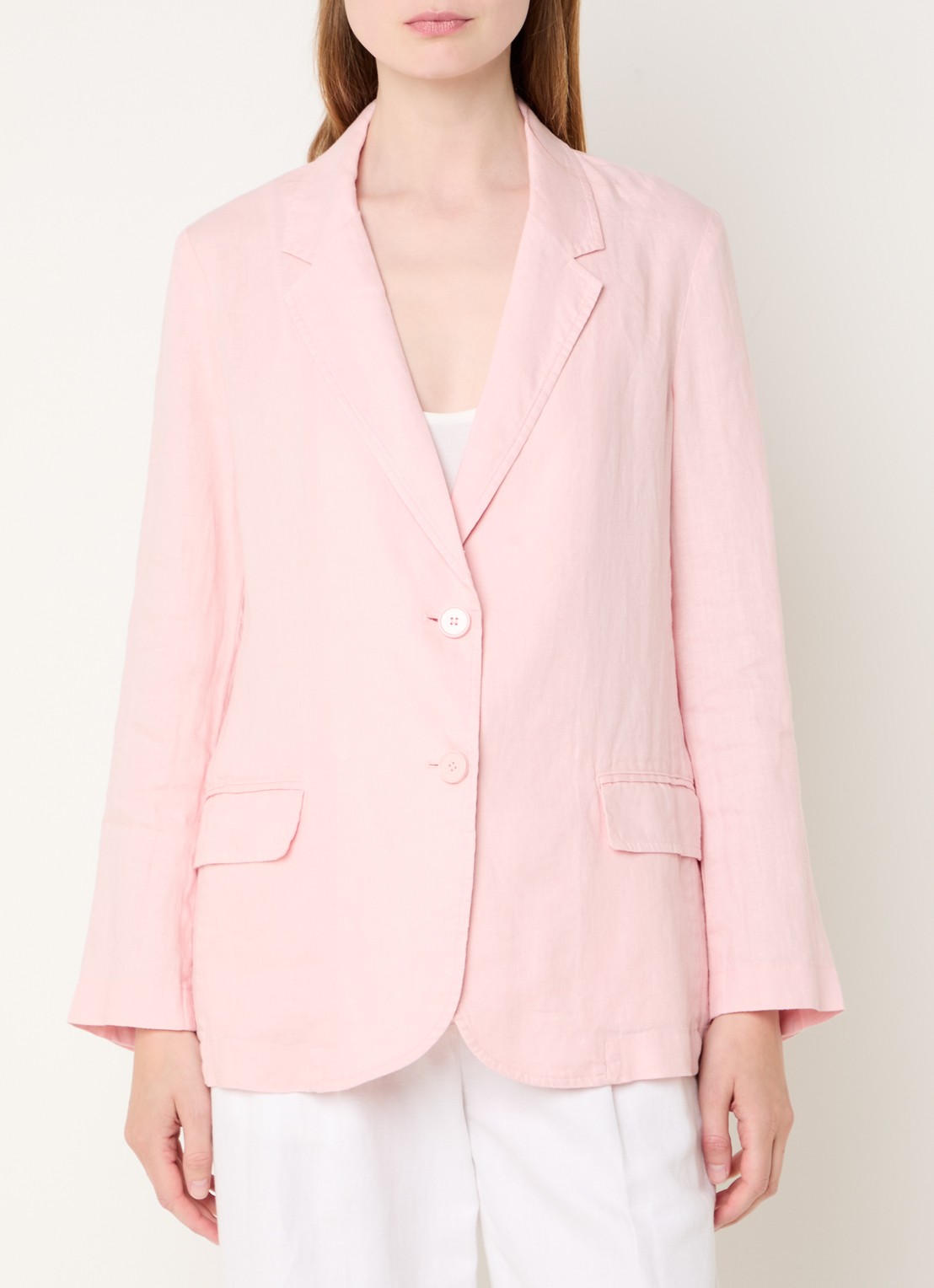 Benetton Blazer van linnen met klepzakken - detail roze