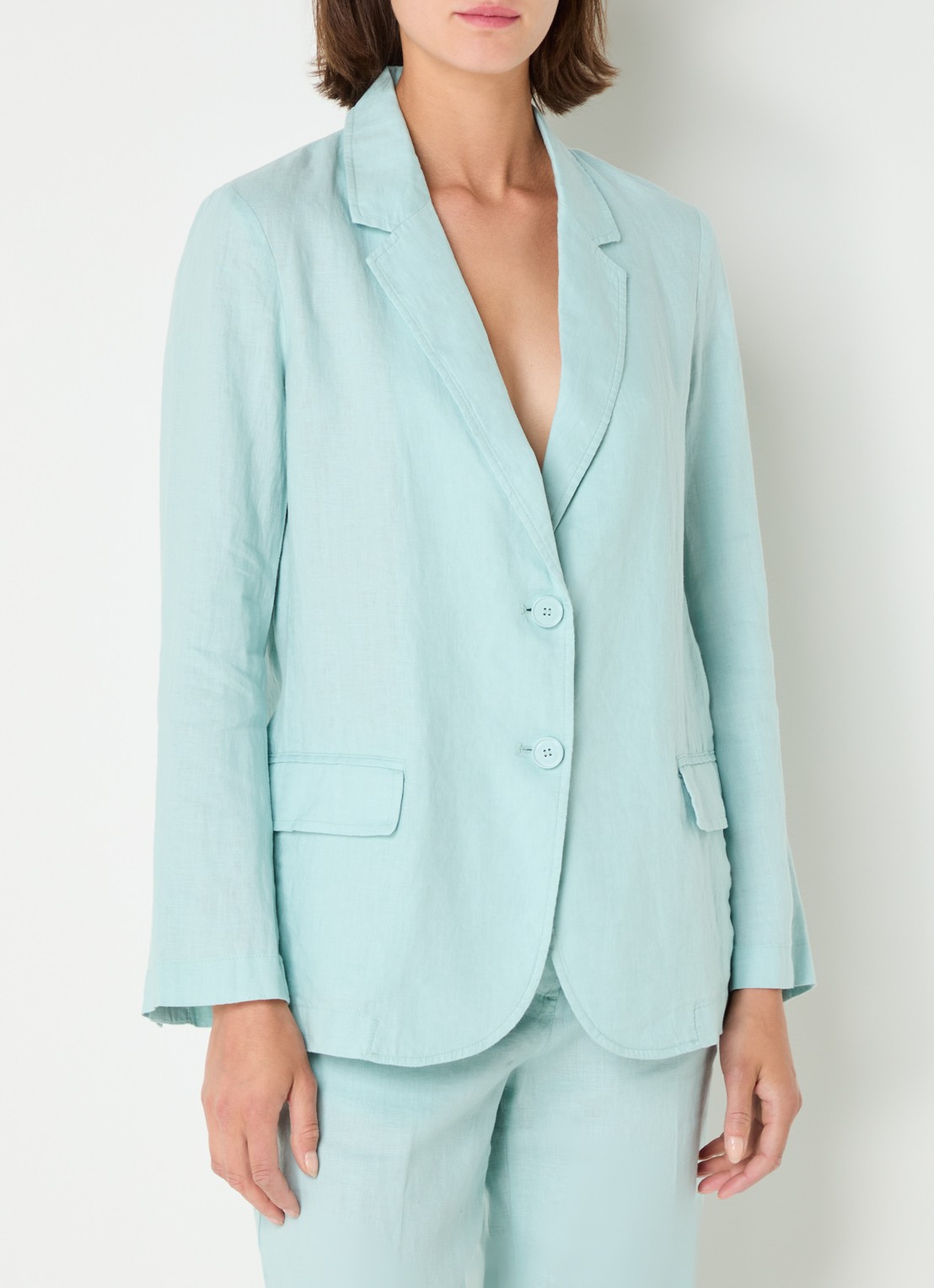 Benetton Blazer van linnen met klepzakken - detail turquoise