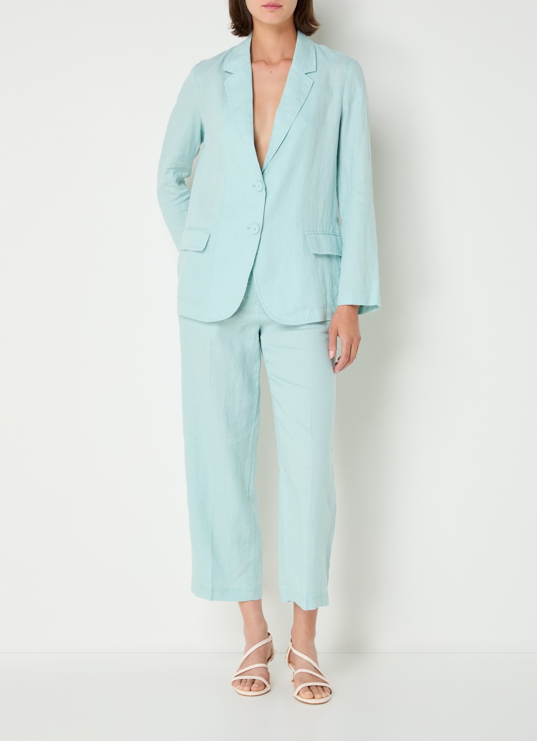 Benetton Blazer van linnen met klepzakken - voorkant 3 turquoise