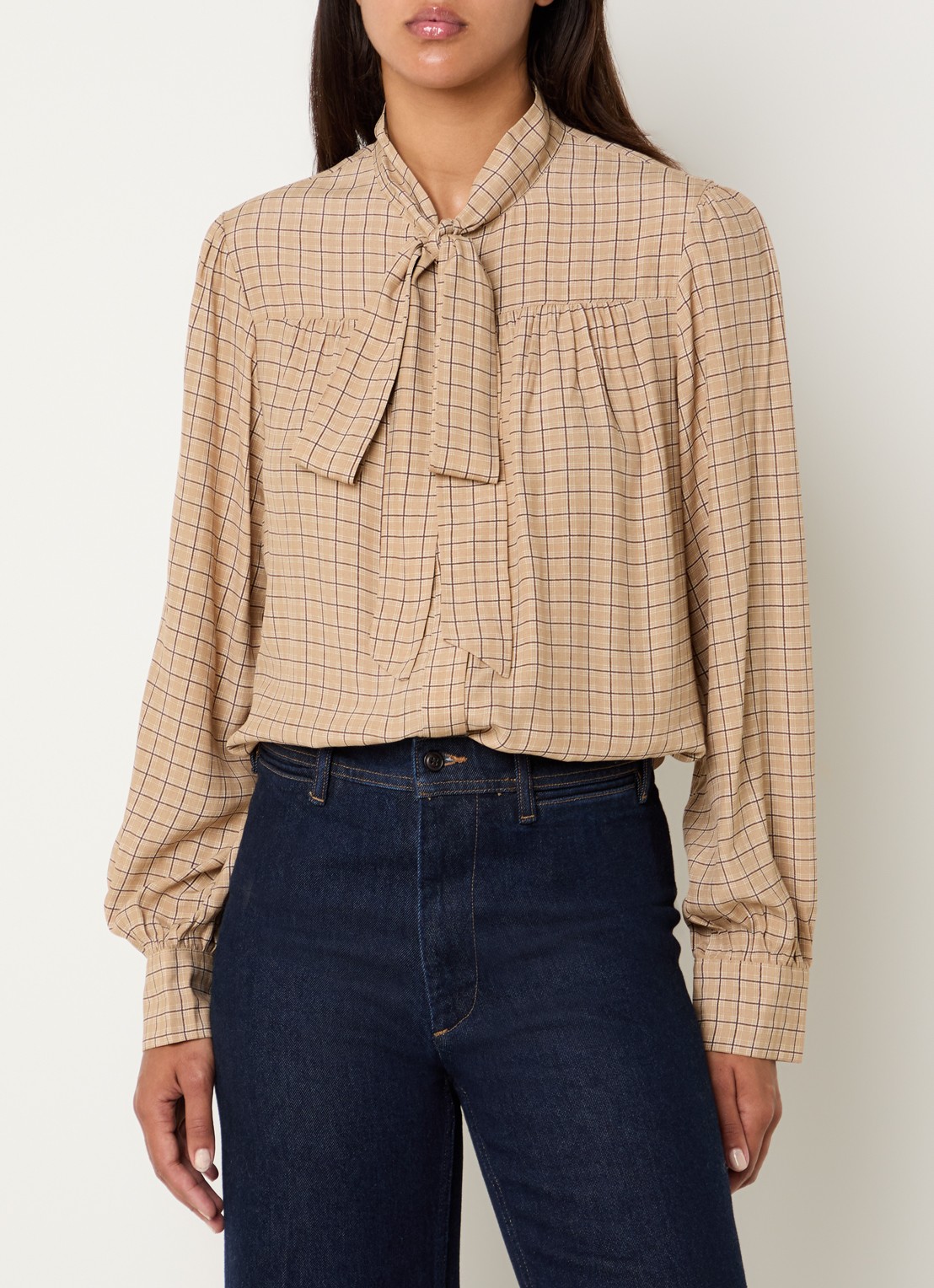 Benetton Blouse met ruitdessin en sjaalkraag - detail 4 beige