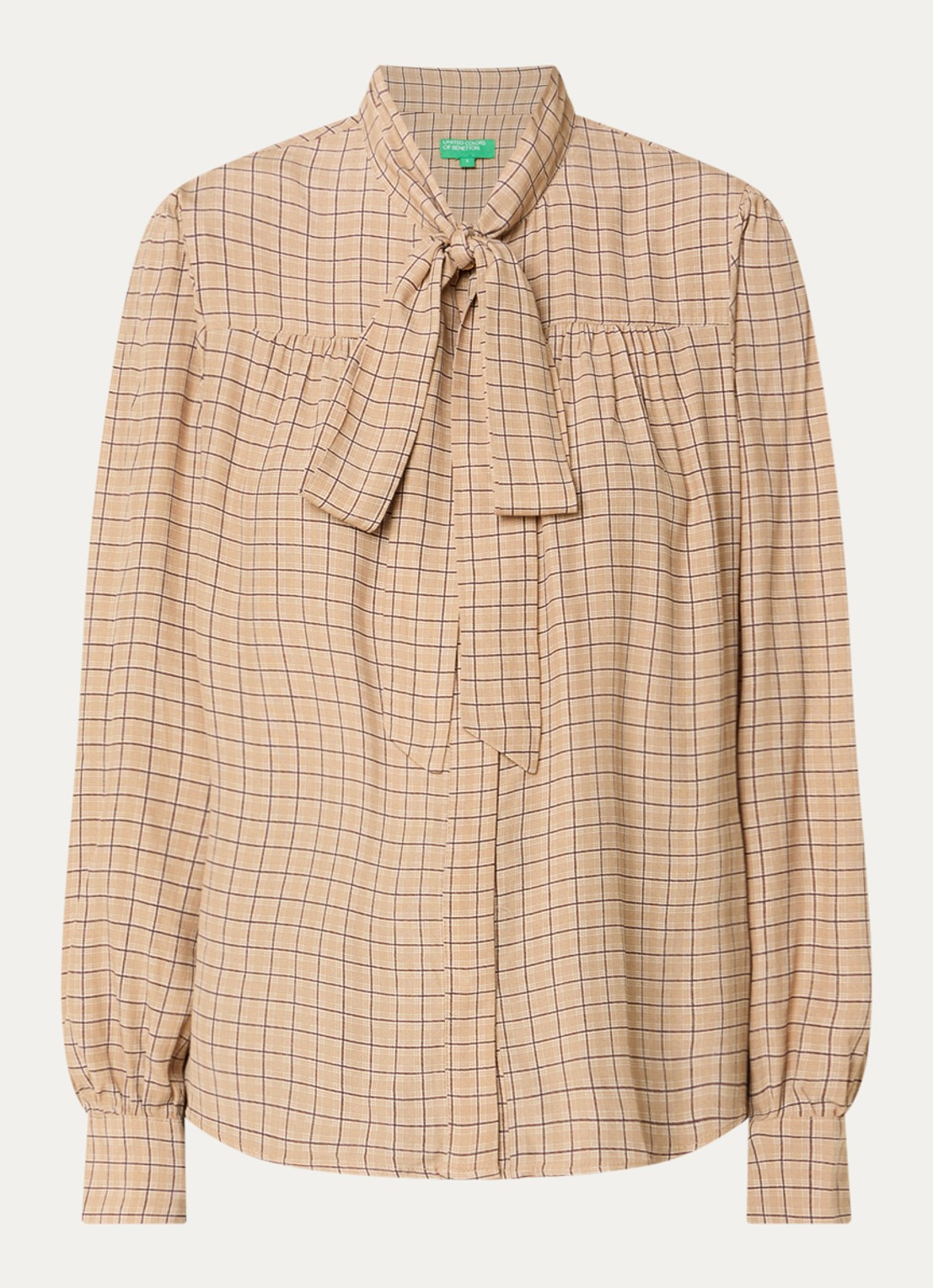 Benetton Blouse met ruitdessin en sjaalkraag - voorkant 2 beige