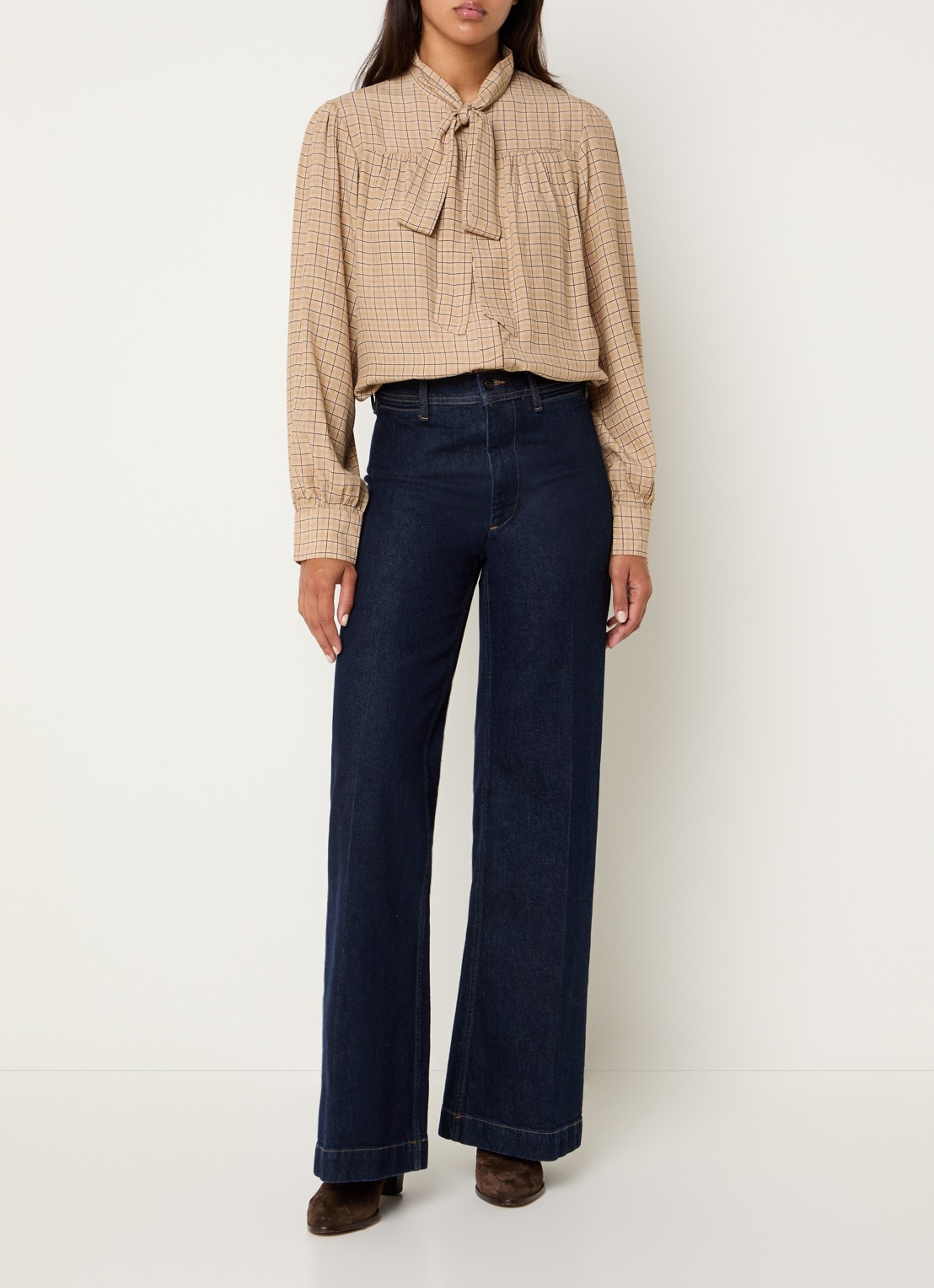 Benetton Blouse met ruitdessin en sjaalkraag - voorkant 3 beige