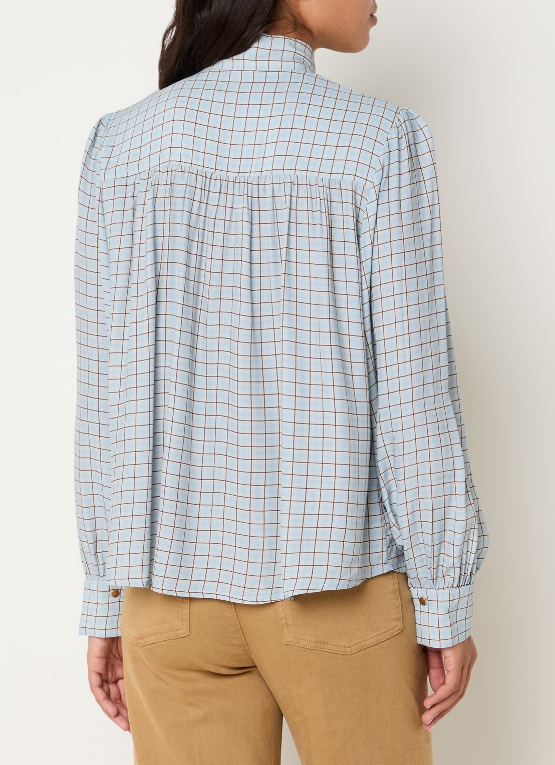 Benetton Blouse met ruitdessin en sjaalkraag - achterkant lichtblauw