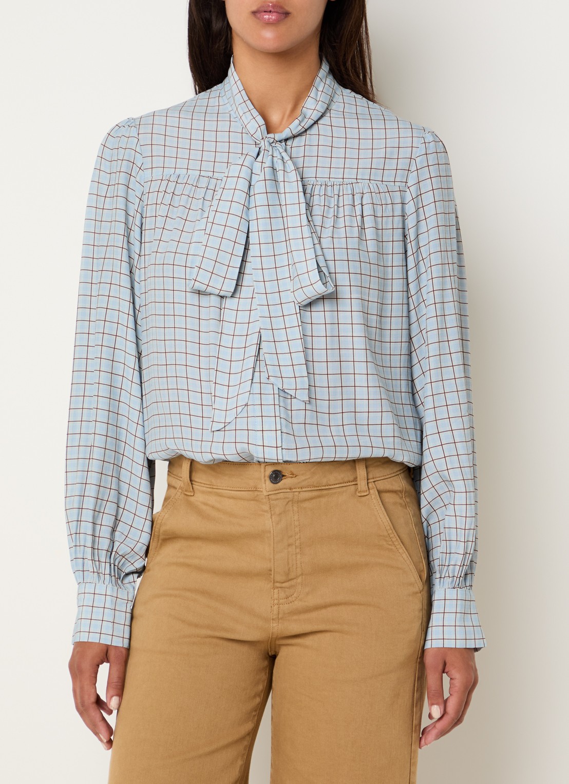 Benetton Blouse met ruitdessin en sjaalkraag - detail 4 lichtblauw