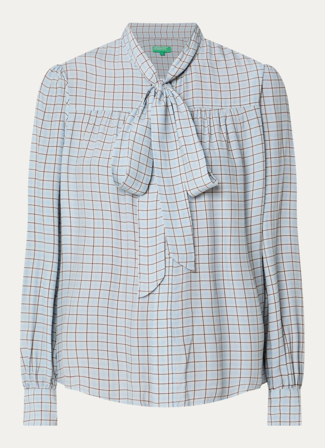 Benetton Blouse met ruitdessin en sjaalkraag - voorkant 2 lichtblauw
