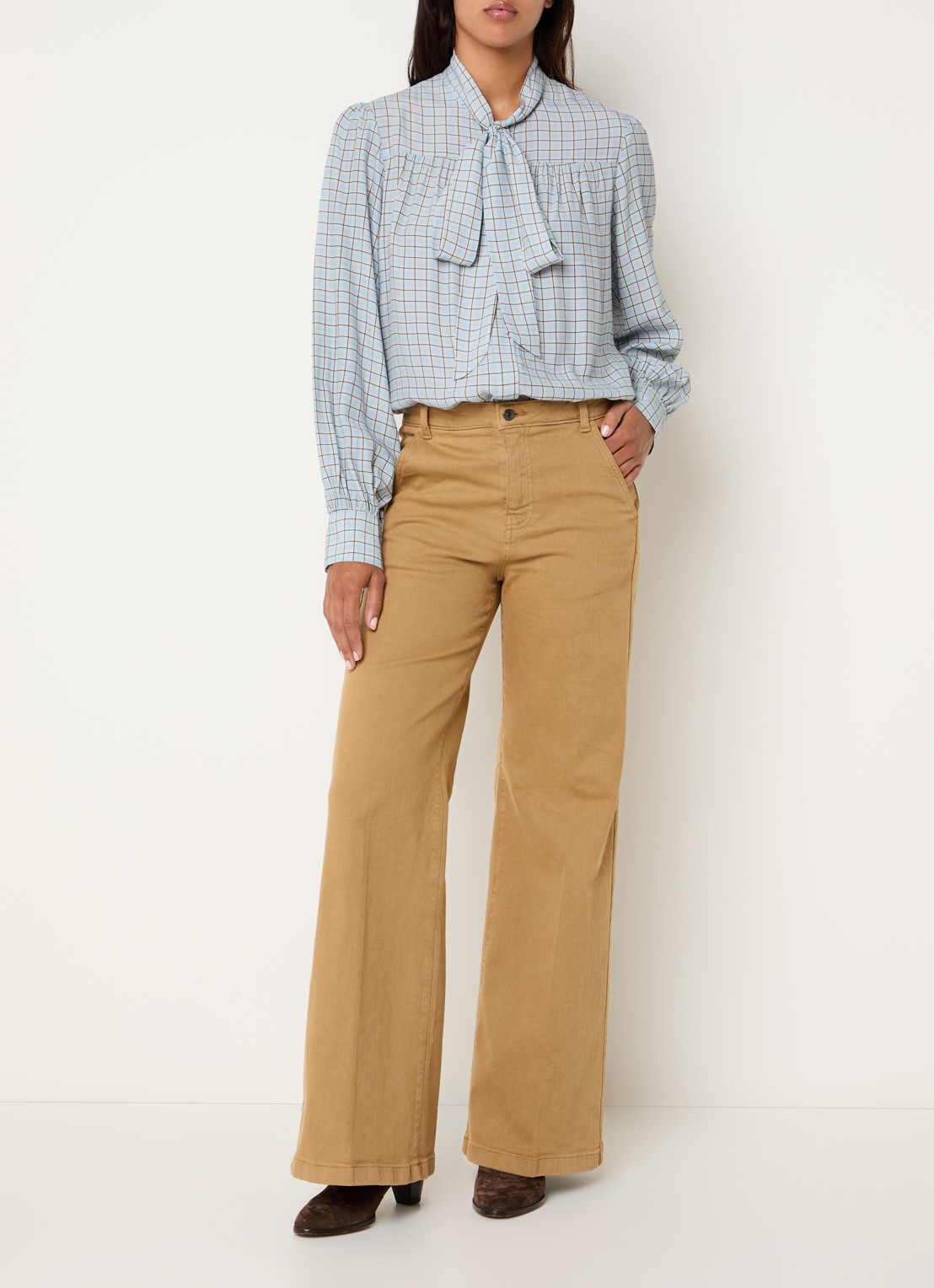 Benetton Blouse met ruitdessin en sjaalkraag - voorkant 3 lichtblauw
