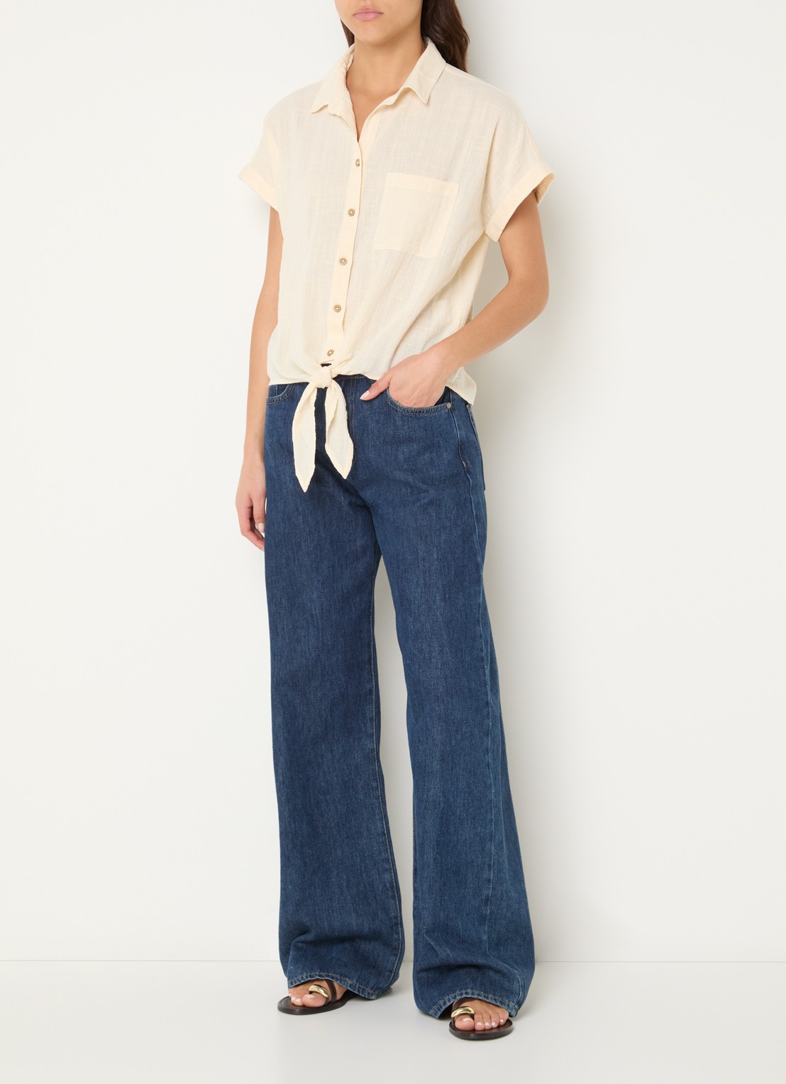 Benetton Blouse met ruitdessin en strikdetail - voorkant 3 creme
