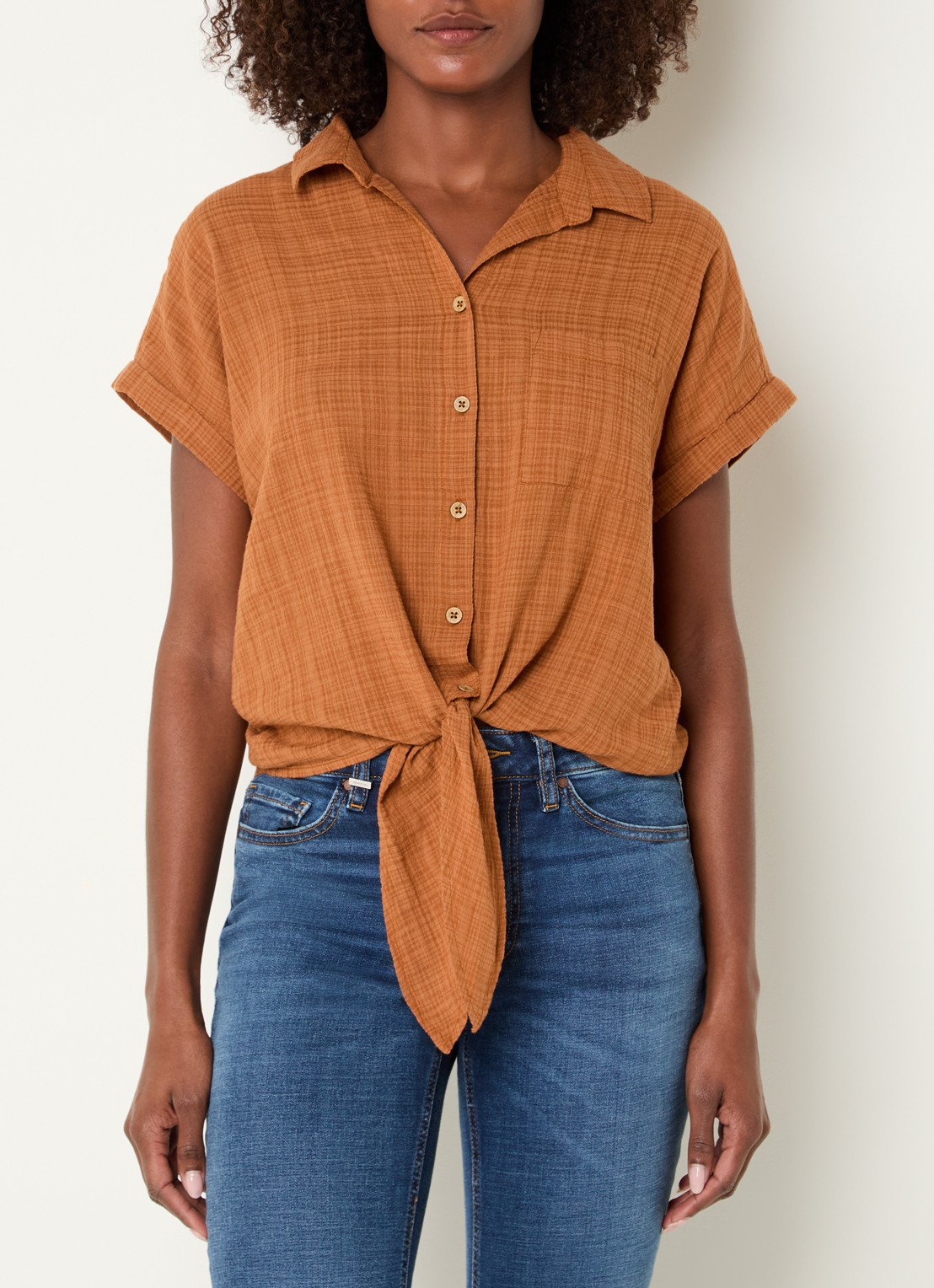 Benetton Blouse met ruitdessin en strikdetail - detail 3 oranje