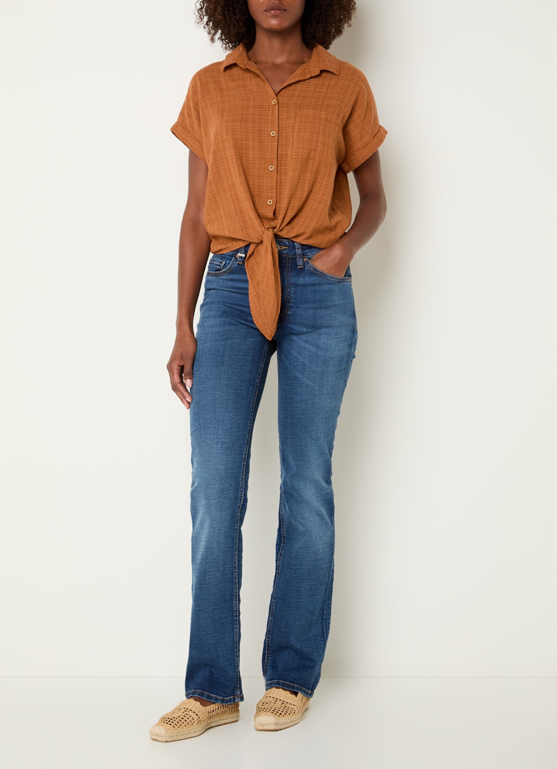 Benetton Blouse met ruitdessin en strikdetail - voorkant 2 oranje