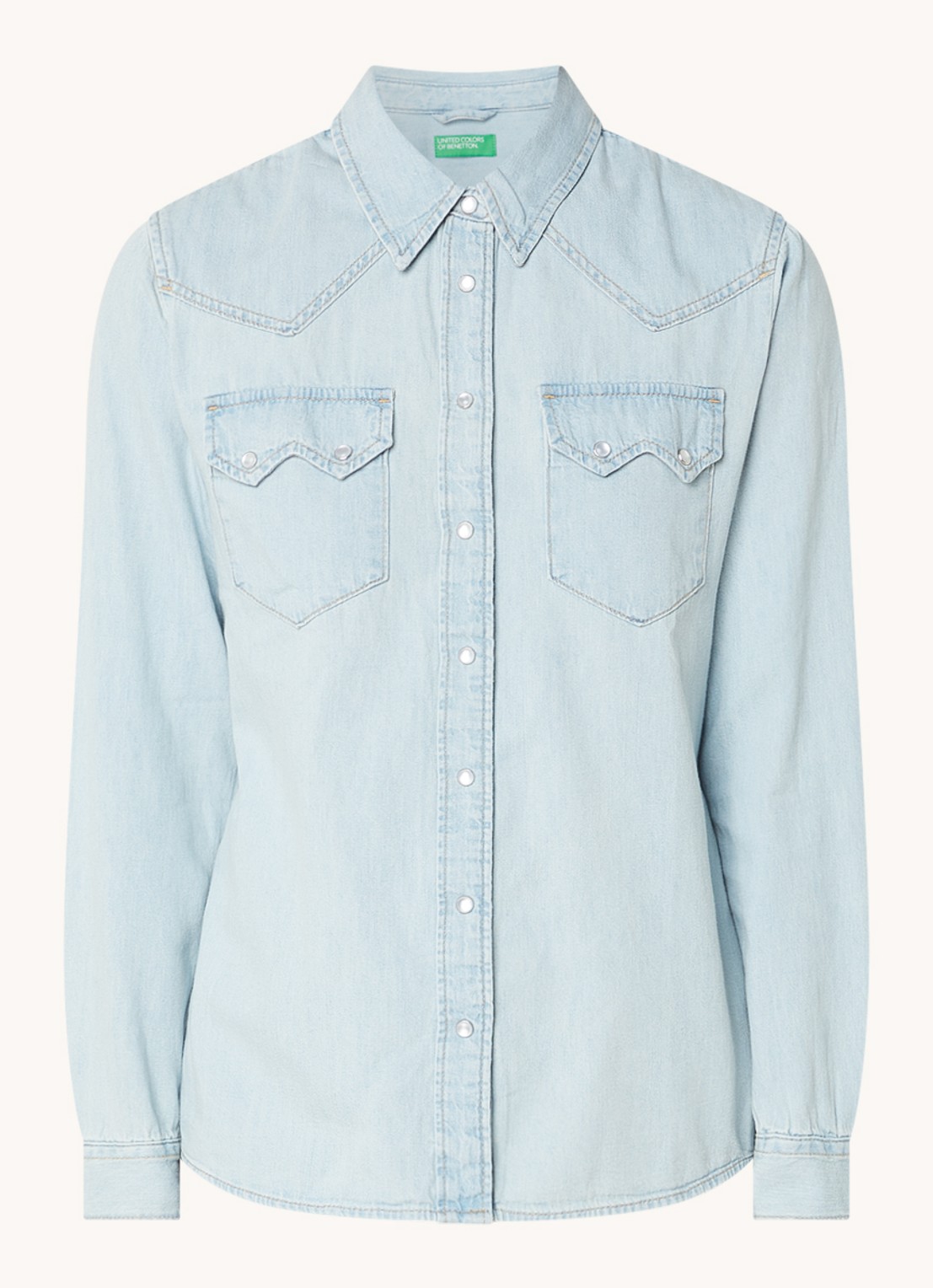 Benetton Blouse van chambray met borstzakken - voorkant 2 lichtblauw