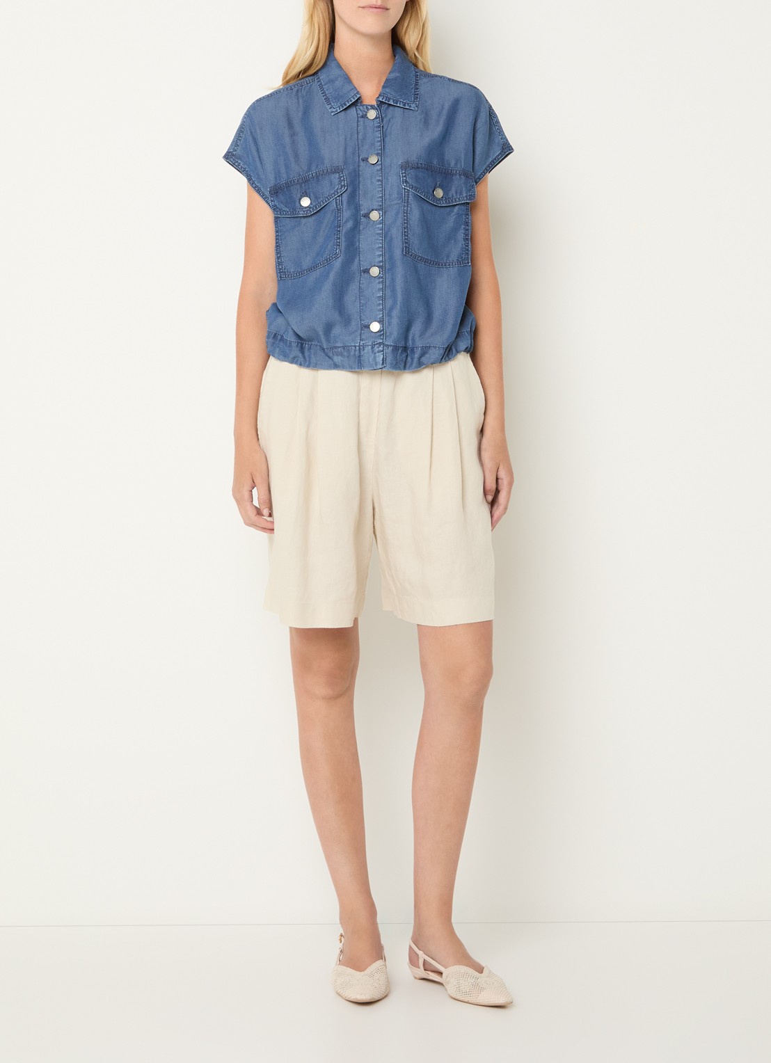 Benetton Blouse van denim met borstzakken - voorkant 3 jeans