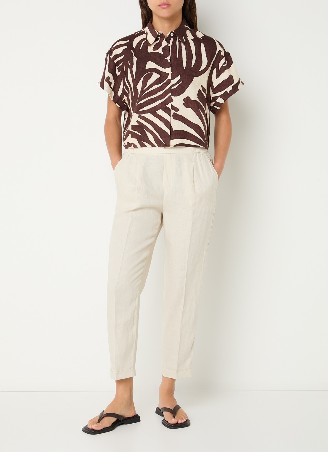 Benetton Blouse van linnen met print - voorkant 3 bruin