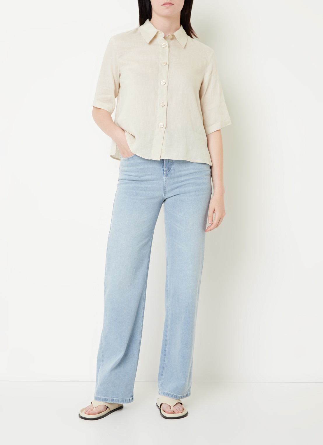 Benetton Blouse van linnen  - voorkant 5 zand